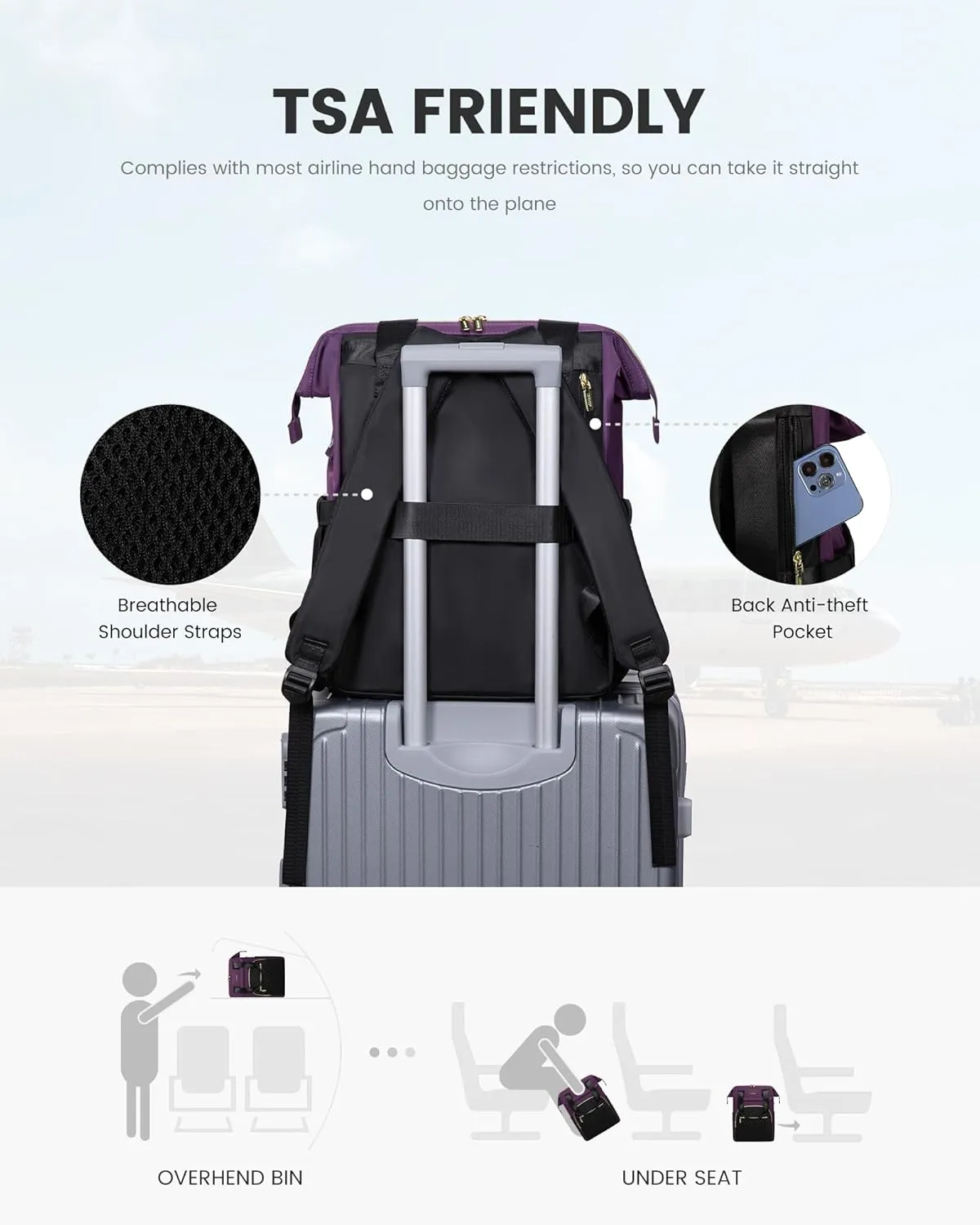 LOVEVOOK Laptop Backpack for Women, 15.6 Inch, Waterproof Teacher Nurse Bag with USB Port, Fashion Travel Business Computer Backpack, Black-Dark Purple