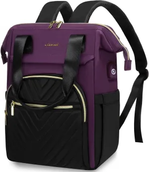 LOVEVOOK Laptop Backpack for Women, 15.6 Inch, Waterproof Teacher Nurse Bag with USB Port, Fashion Travel Business Computer Backpack, Black-Dark Purple