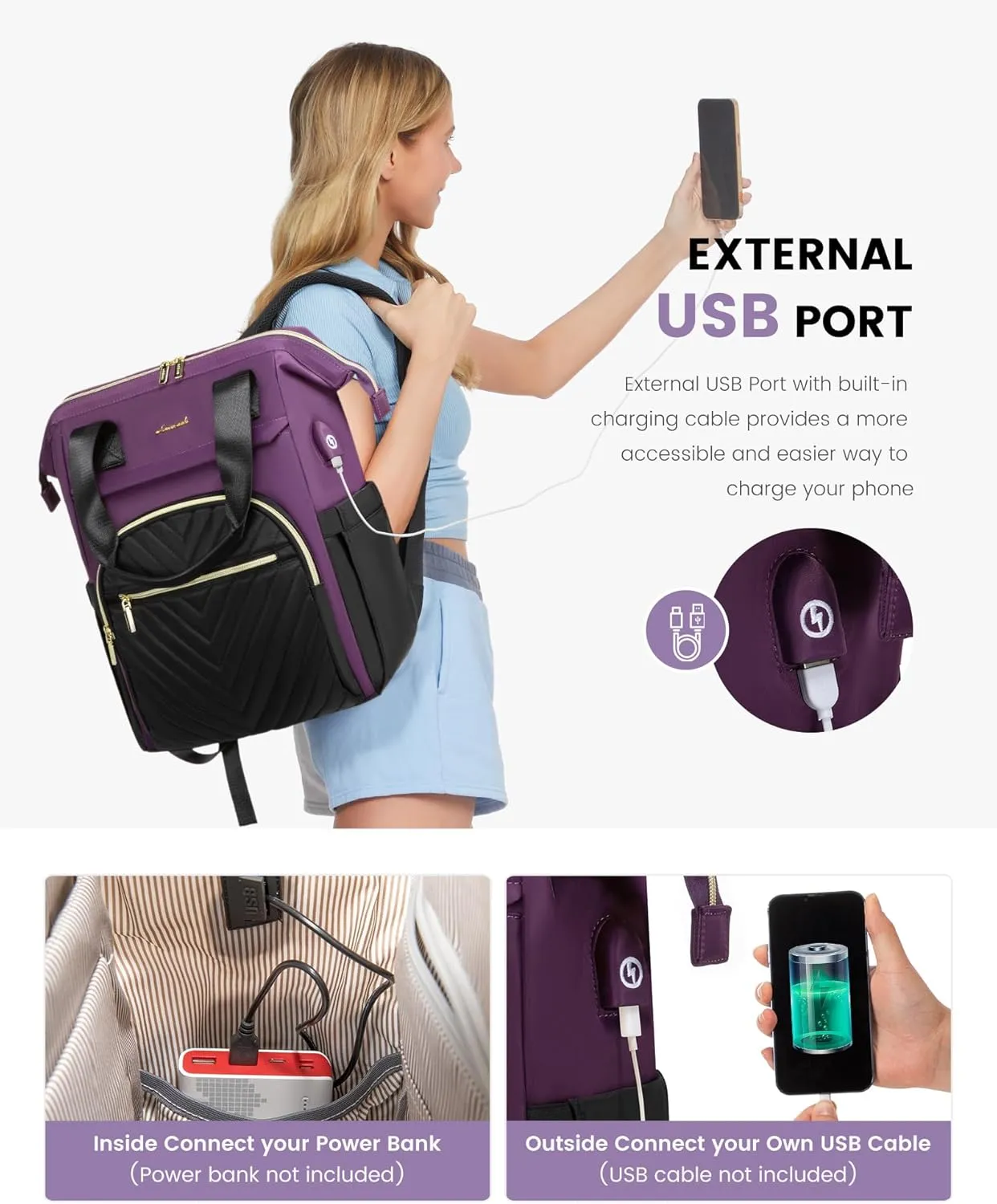 LOVEVOOK Laptop Backpack for Women, 15.6 Inch, Waterproof Teacher Nurse Bag with USB Port, Fashion Travel Business Computer Backpack, Black-Dark Purple
