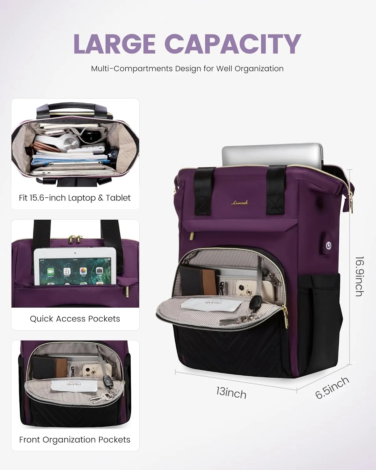 LOVEVOOK Laptop Backpack for Women, 15.6 Inch, Waterproof Teacher Nurse Bag with USB Port, Fashion Travel Business Computer Backpack, Black-Dark Purple