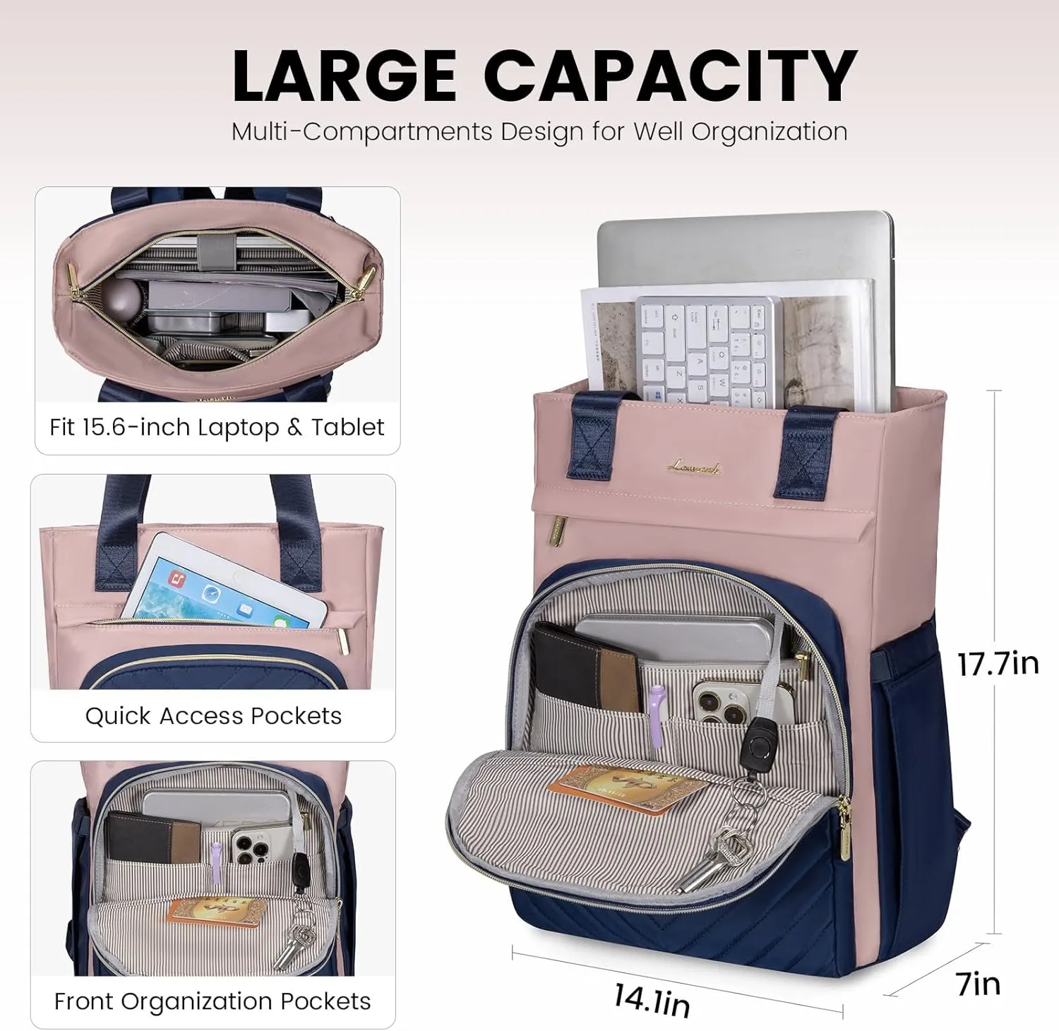 LOVEVOOK Laptop Backpack for Women, 17.3 Inch Work Business Laptop Bag, Wide Top Open Teacher Nurse Bag with USB Port, Waterproof Computer Backpack Purse for travel, Blue-Pink