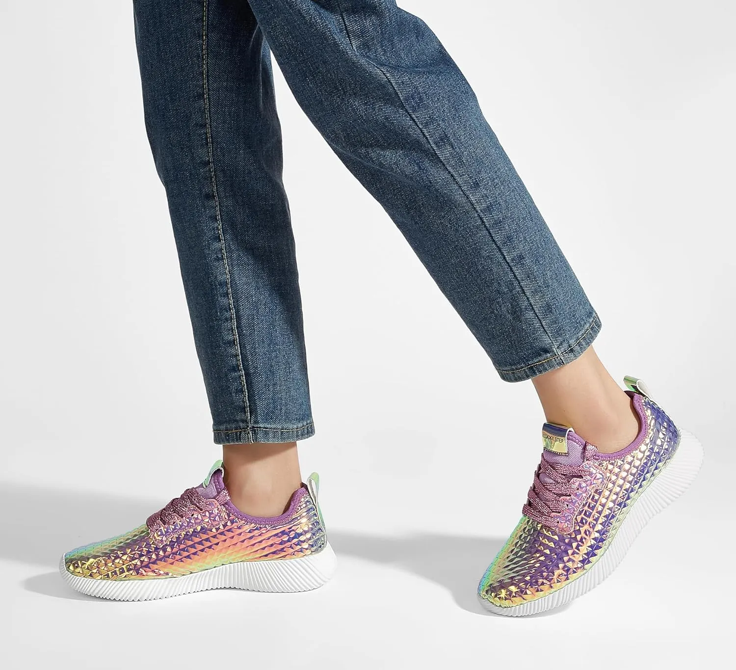 LUCKY STEP Women's Metallic Fashion Sneaker Leatherette Studded Jogger Lightweight Casual Walking Shoes