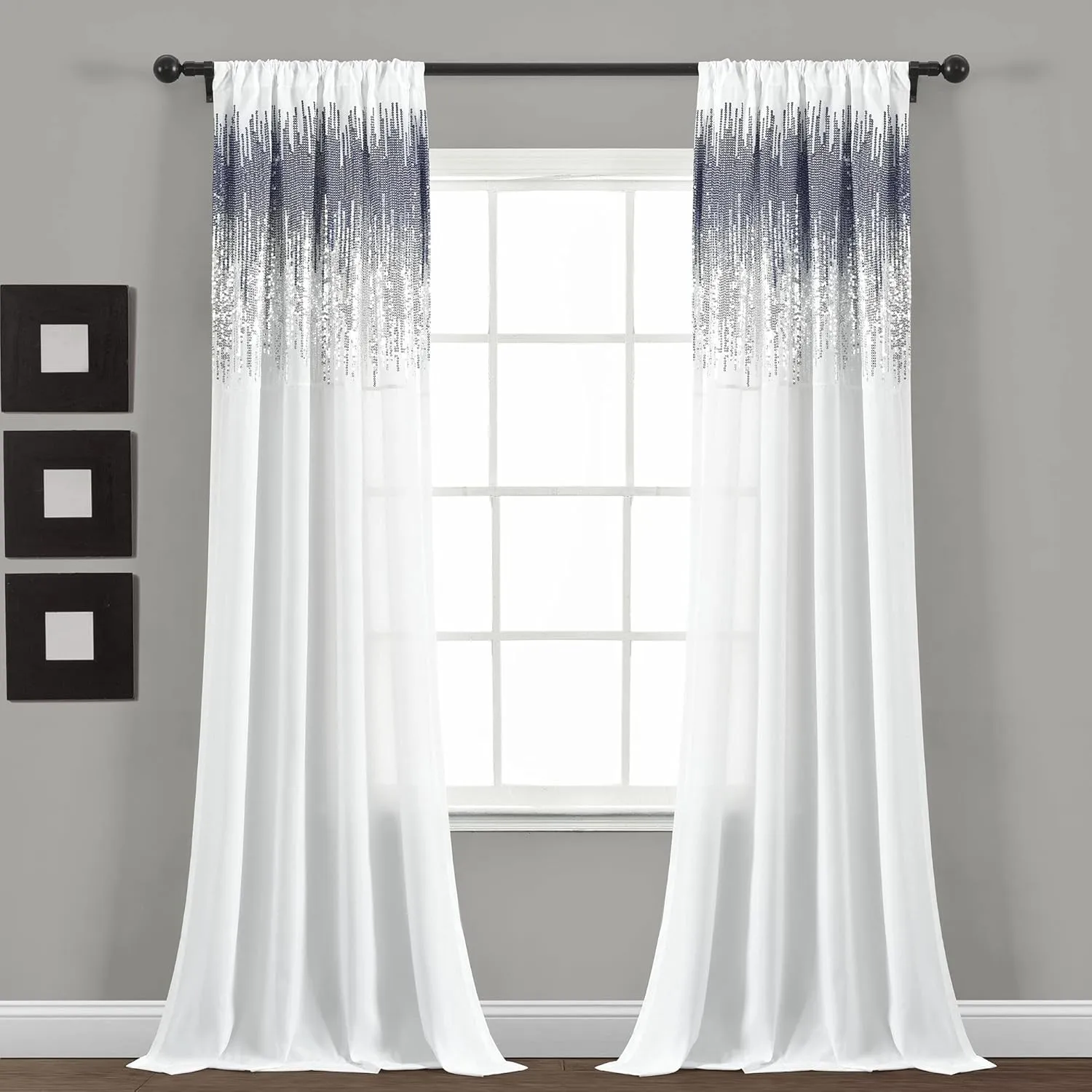 Lush Decor Shimmer Sequins Window Curtain Panel Pair, 84" L x 42" W, Navy & Silver