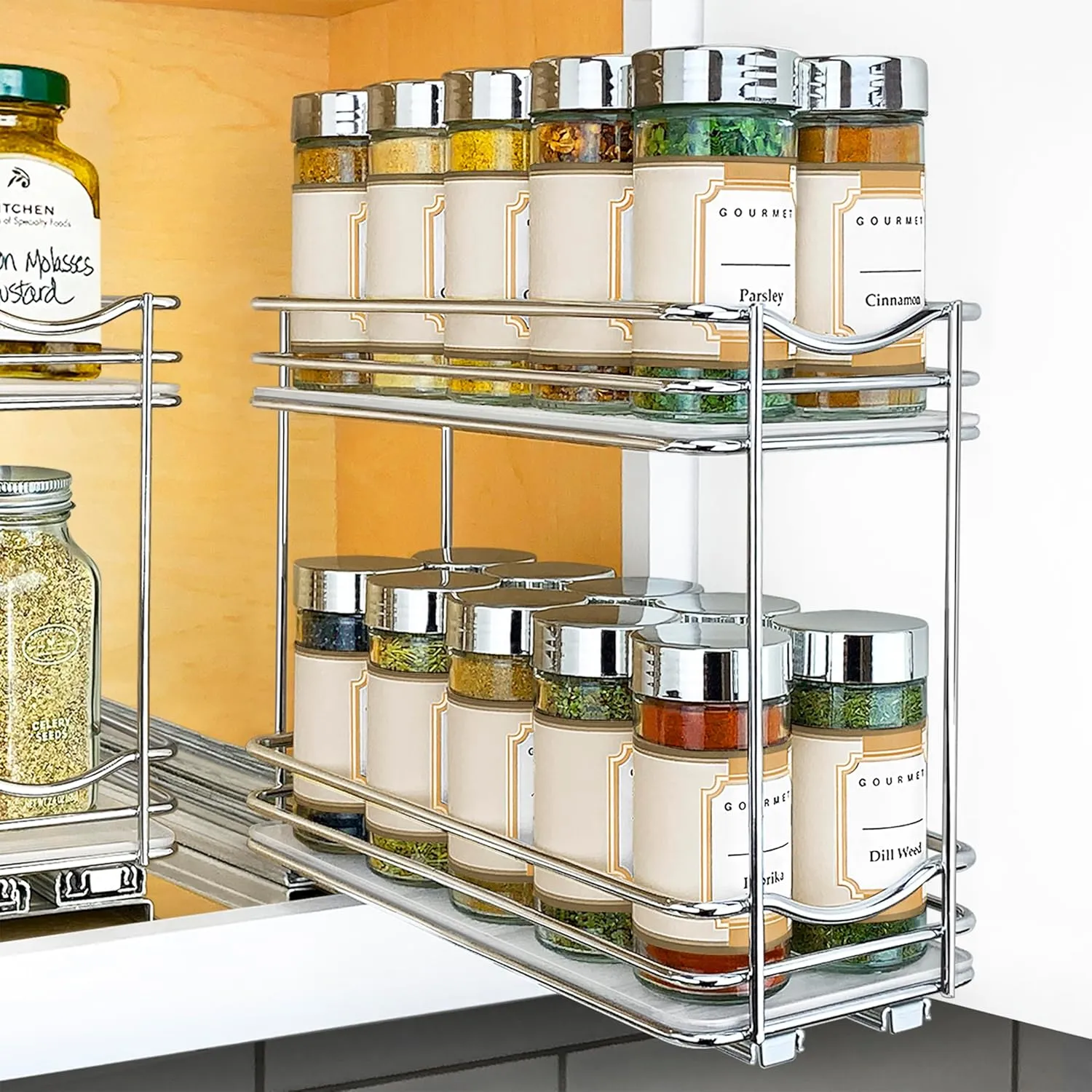 LYNK PROFESSIONAL® Pull Out Spice Rack Organizer for Inside Kitchen Cabinets - 4-1/4 inch Wide - Slide Out Drawer – Chrome Sliding Spice Cabinet Organization Shelf Racks - 2 Tier