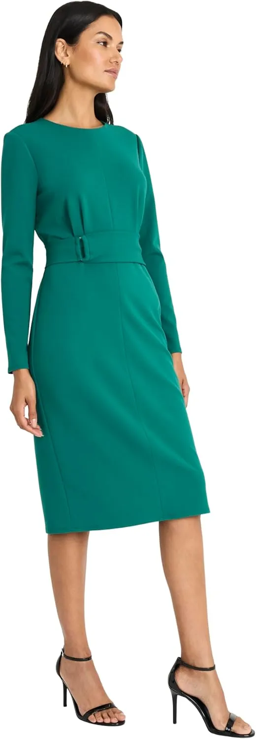 Maggy London Women's Elegant Knee-Length Sheath Long Sleeve Fitted Silhouette with Waist Belt-Versatile Cocktail Dress
