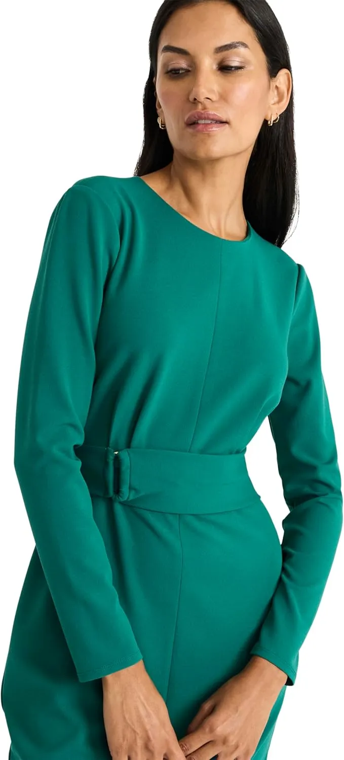 Maggy London Women's Elegant Knee-Length Sheath Long Sleeve Fitted Silhouette with Waist Belt-Versatile Cocktail Dress