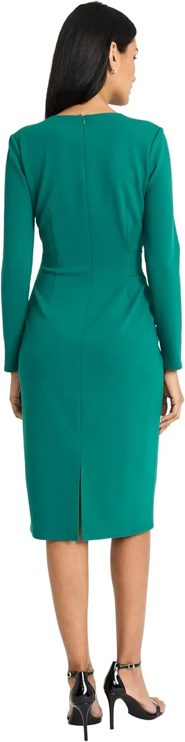 Maggy London Women's Elegant Knee-Length Sheath Long Sleeve Fitted Silhouette with Waist Belt-Versatile Cocktail Dress