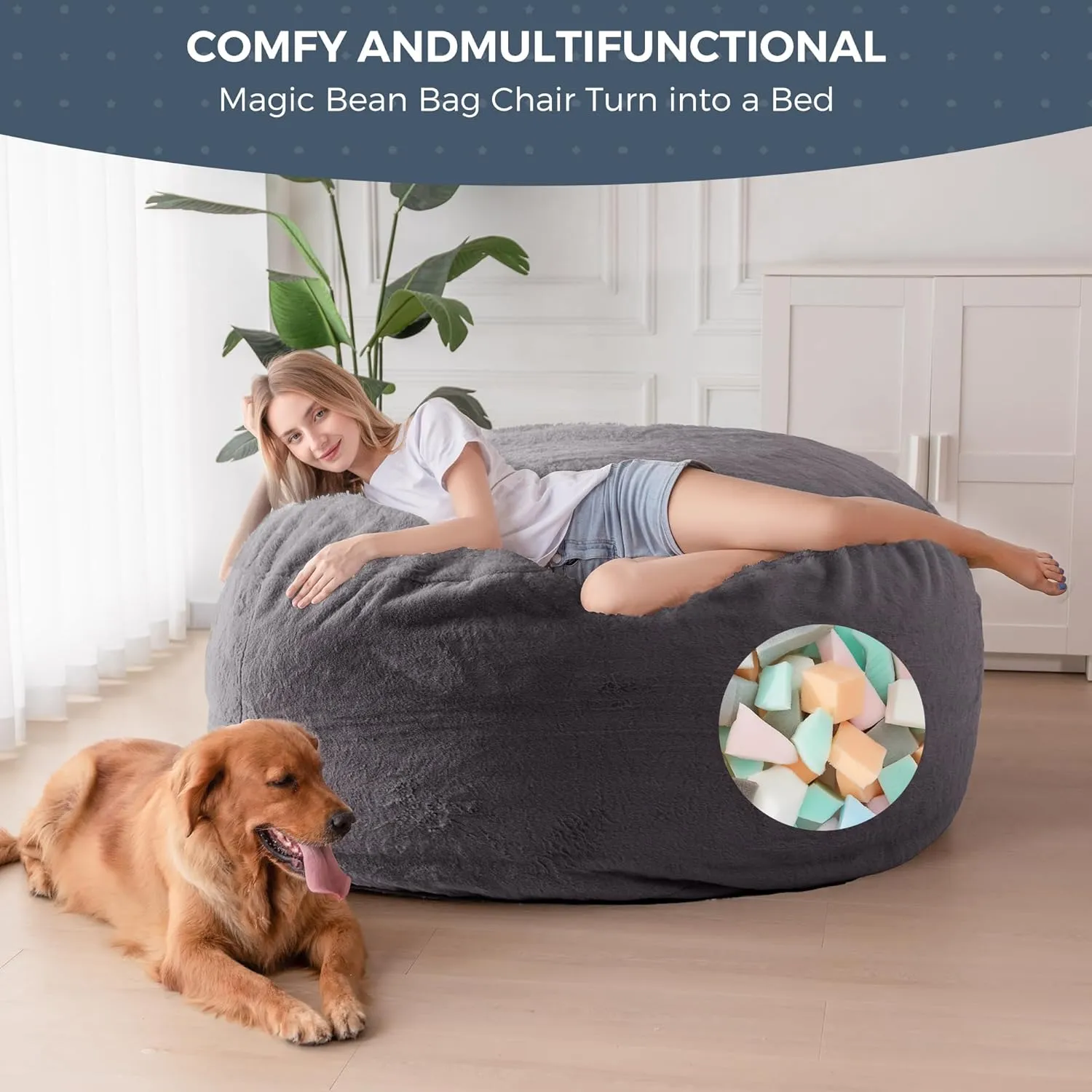 MAXYOYO Giant Bean Bag Chair Bed for Adults, Includes Two Beds, Convertible Beanbag Folds from Lazy Chair to Floor Mattress Bed, Big Sofa Bed, High-Density Foam Filling, Machine Washable