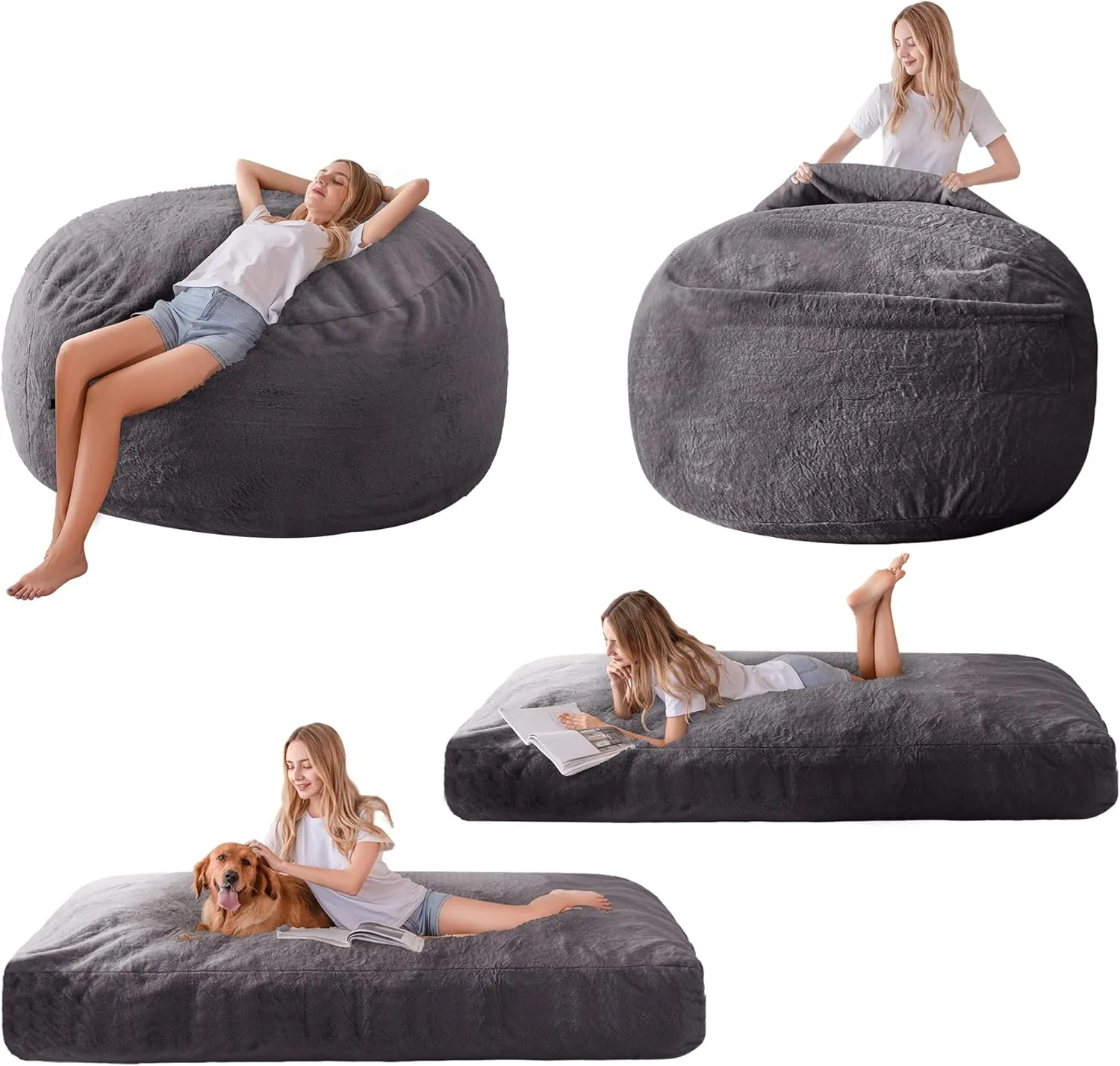 MAXYOYO Giant Bean Bag Chair Bed for Adults, Includes Two Beds, Convertible Beanbag Folds from Lazy Chair to Floor Mattress Bed, Big Sofa Bed, High-Density Foam Filling, Machine Washable