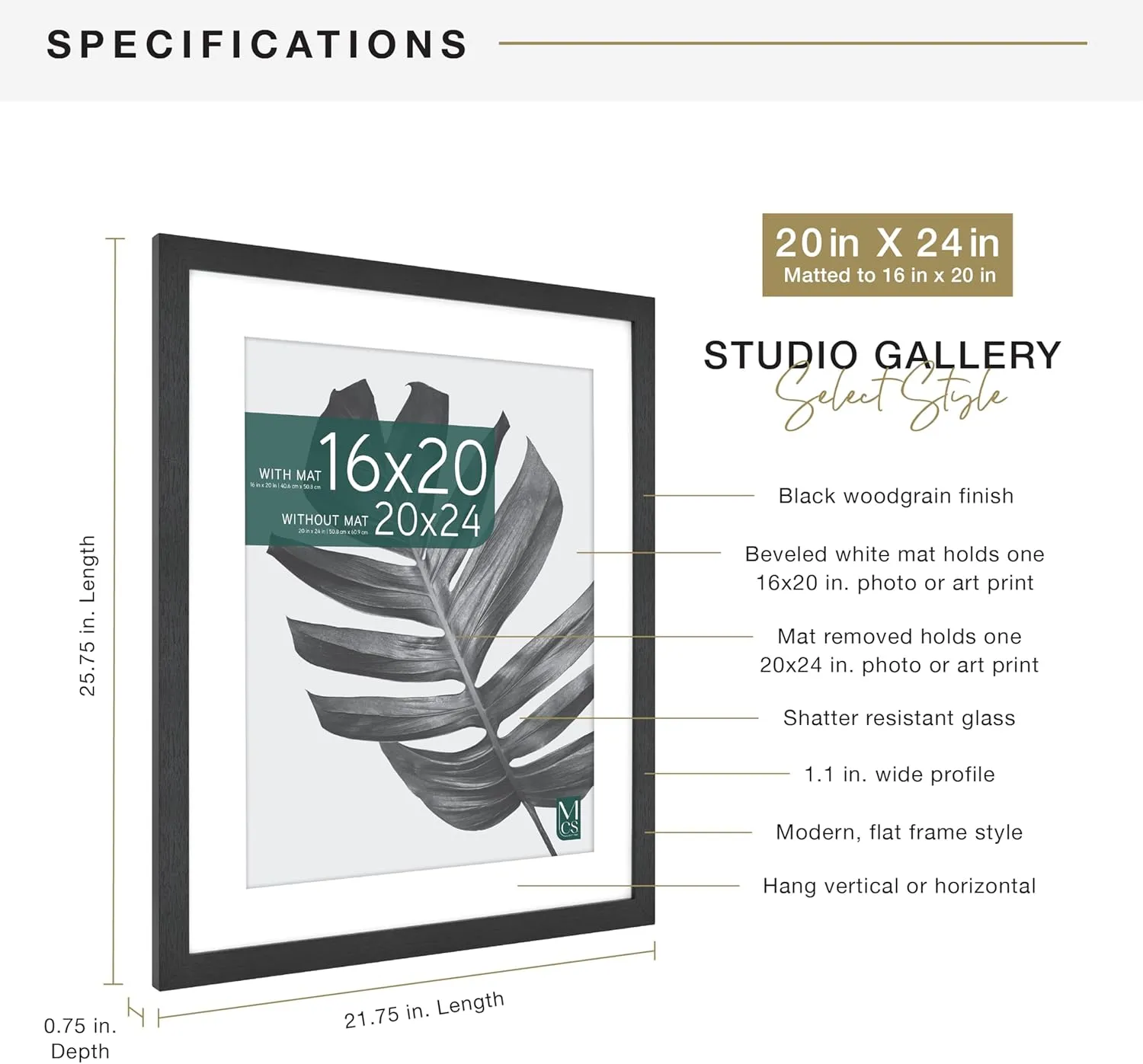 MCS Studio Gallery 20x24 Matted to 16x20 Poster Frame Black Woodgrain, Vertical & Horizontal Wall Hanging Large Picture Frame for Photos, Posters & Art Prints (1-Pack)