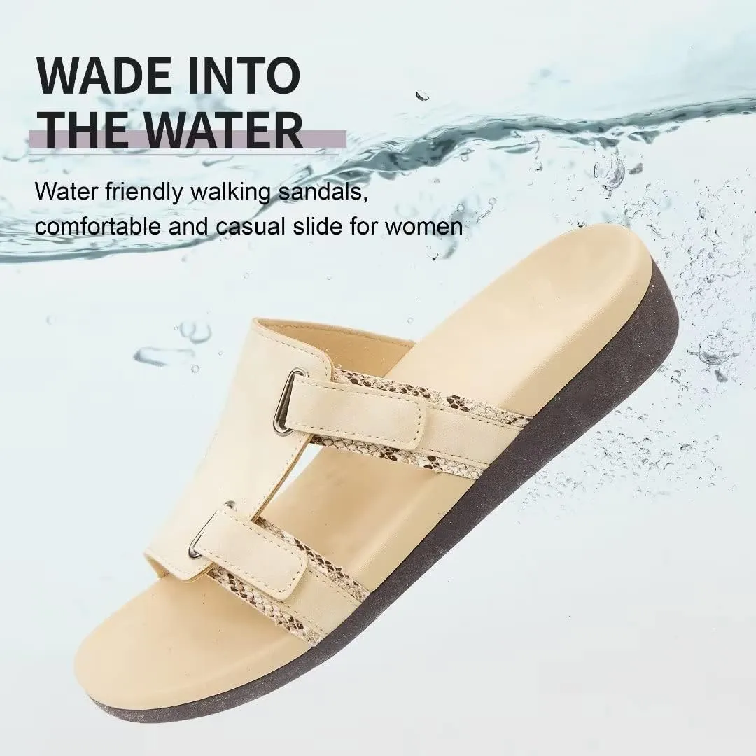 MEGNYA Comfortable Women's Walking Sandals, Arch Support Slides for Plantar Fasciitis Flat Feet, Casual Adjustable Strap Sandals for Orthopedic