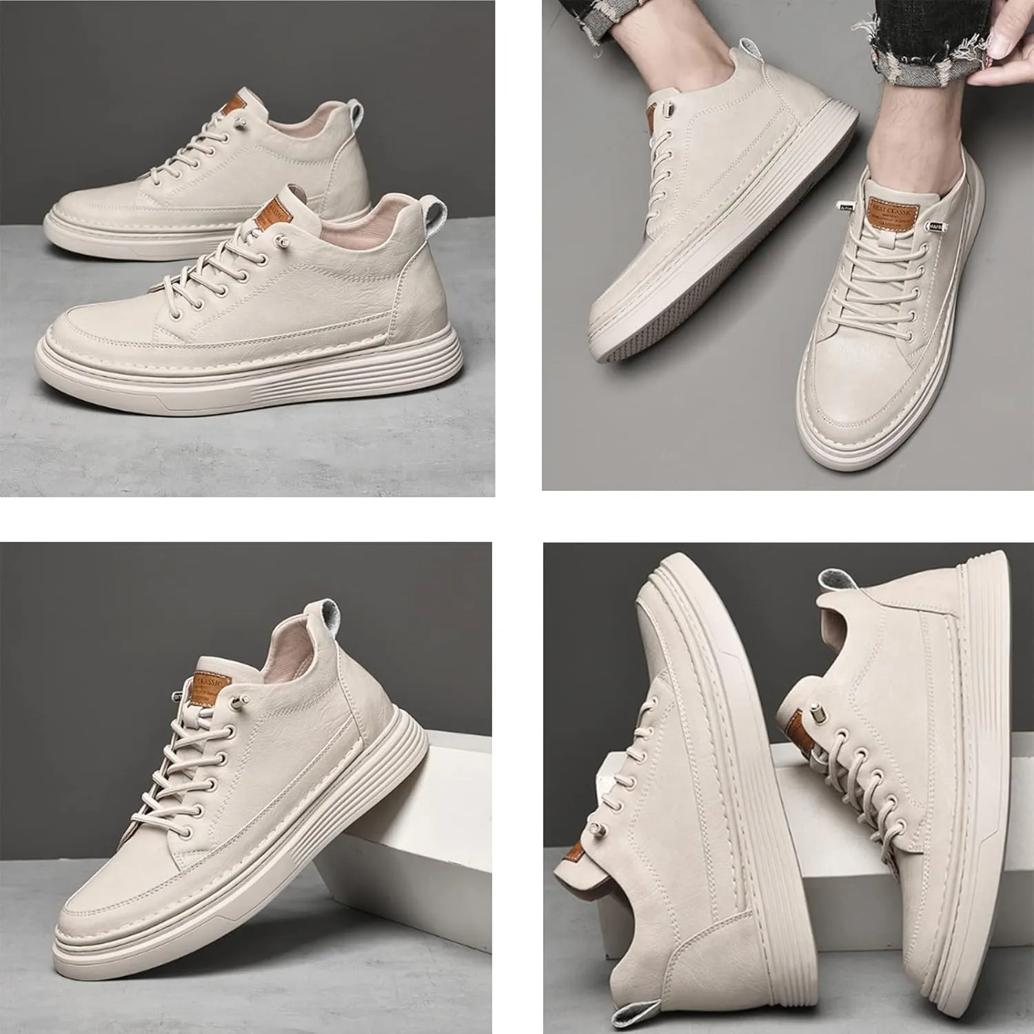 Men's Leather Casual Oxfords Shoes,Invisible Height Increasing Non-Slip Softsole Lace-Up Fashion Sneaker Dress Shoes