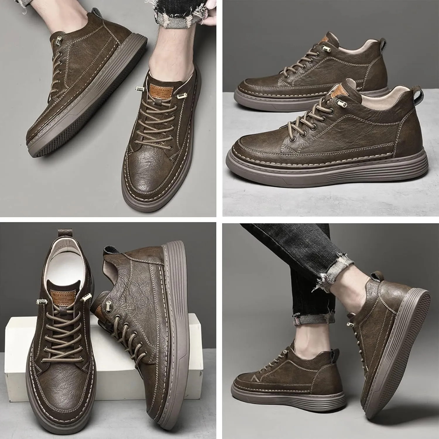 Men's Leather Casual Oxfords Shoes,Invisible Height Increasing Non-Slip Softsole Lace-Up Fashion Sneaker Dress Shoes