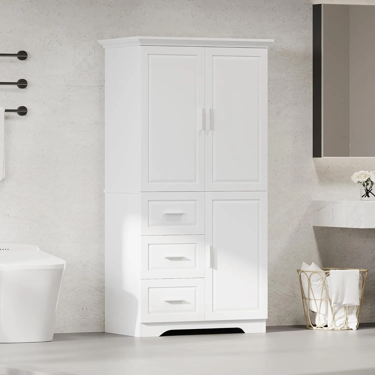 Merax Storage Cabinet with Three Drawers and Doors, Wide Pantry Cupboard for Kitchen, Living Room and Bathroom, Adjustable Shelf, White