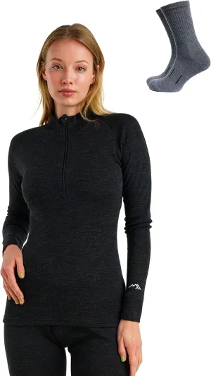 Merino Wool Base Layer Women - 100% Merino Half Zip Sweater Women Lite, Midweight, Heavyweight Thermal Shirts and Socks