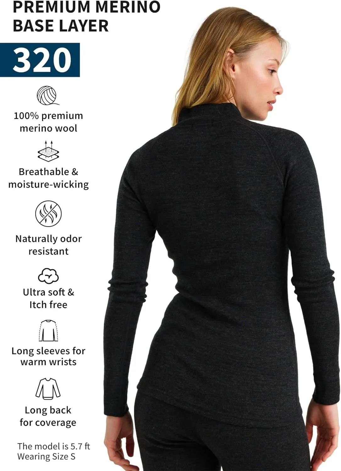 Merino Wool Base Layer Women - 100% Merino Half Zip Sweater Women Lite, Midweight, Heavyweight Thermal Shirts and Socks