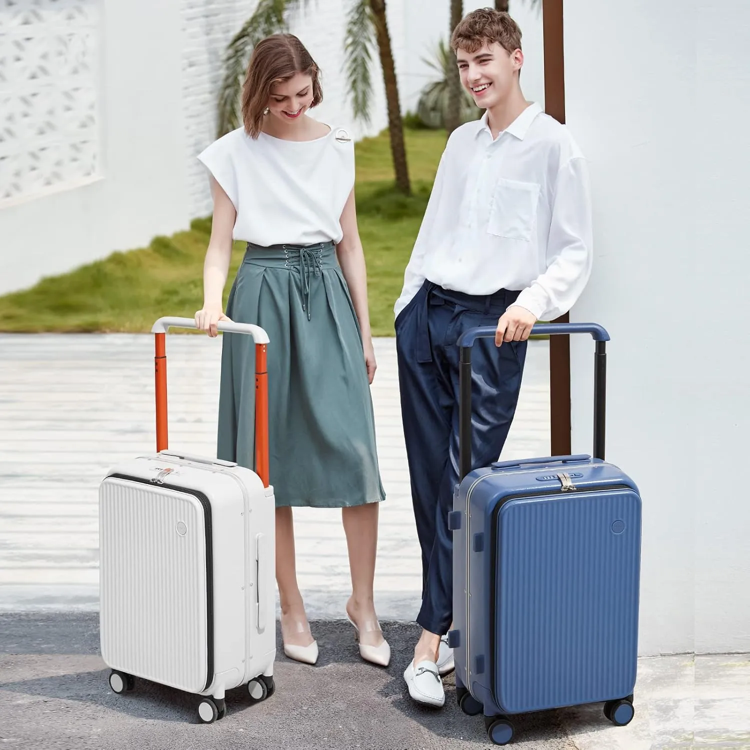 mixi Carry On Luggage 20'' Suitcase with Front Laptop Pocket, Wide Handle Rolling Travel Suitcases PC Hardshell with Aluminum Frame Spinner Wheels & TSA Lock, Carry-On Luggage(Smoke White)