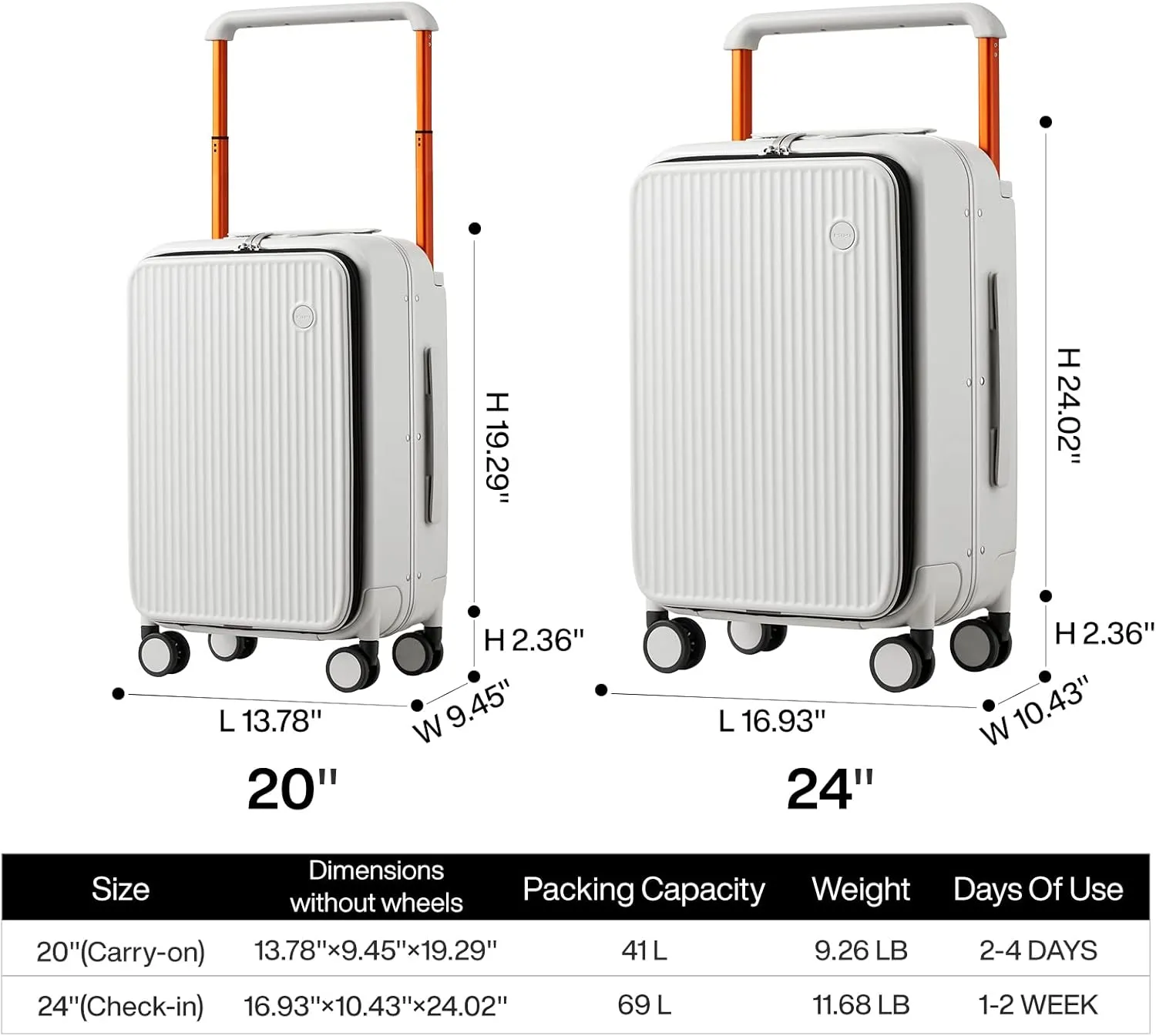 mixi Carry On Luggage 20'' Suitcase with Front Laptop Pocket, Wide Handle Rolling Travel Suitcases PC Hardshell with Aluminum Frame Spinner Wheels & TSA Lock, Carry-On Luggage(Smoke White)