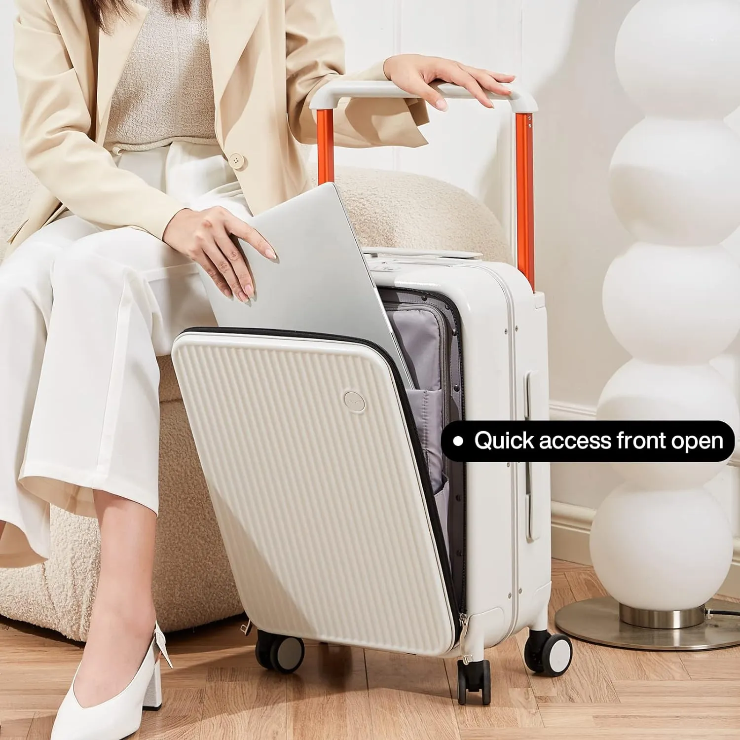 mixi Carry On Luggage 20'' Suitcase with Front Laptop Pocket, Wide Handle Rolling Travel Suitcases PC Hardshell with Aluminum Frame Spinner Wheels & TSA Lock, Carry-On Luggage(Smoke White)