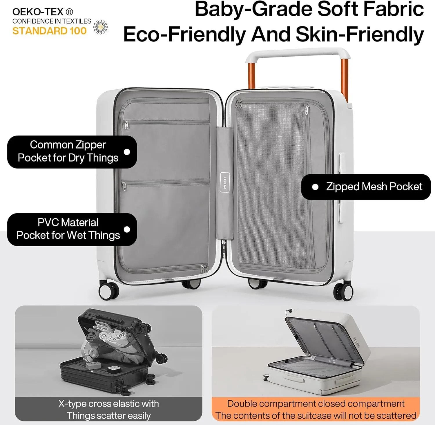 mixi Carry On Luggage Airline Approved 20'' Lightweight Luggage Wide Handle PC Hardshell Suitcases with Spinner Wheels & TSA Lock, Smoke White