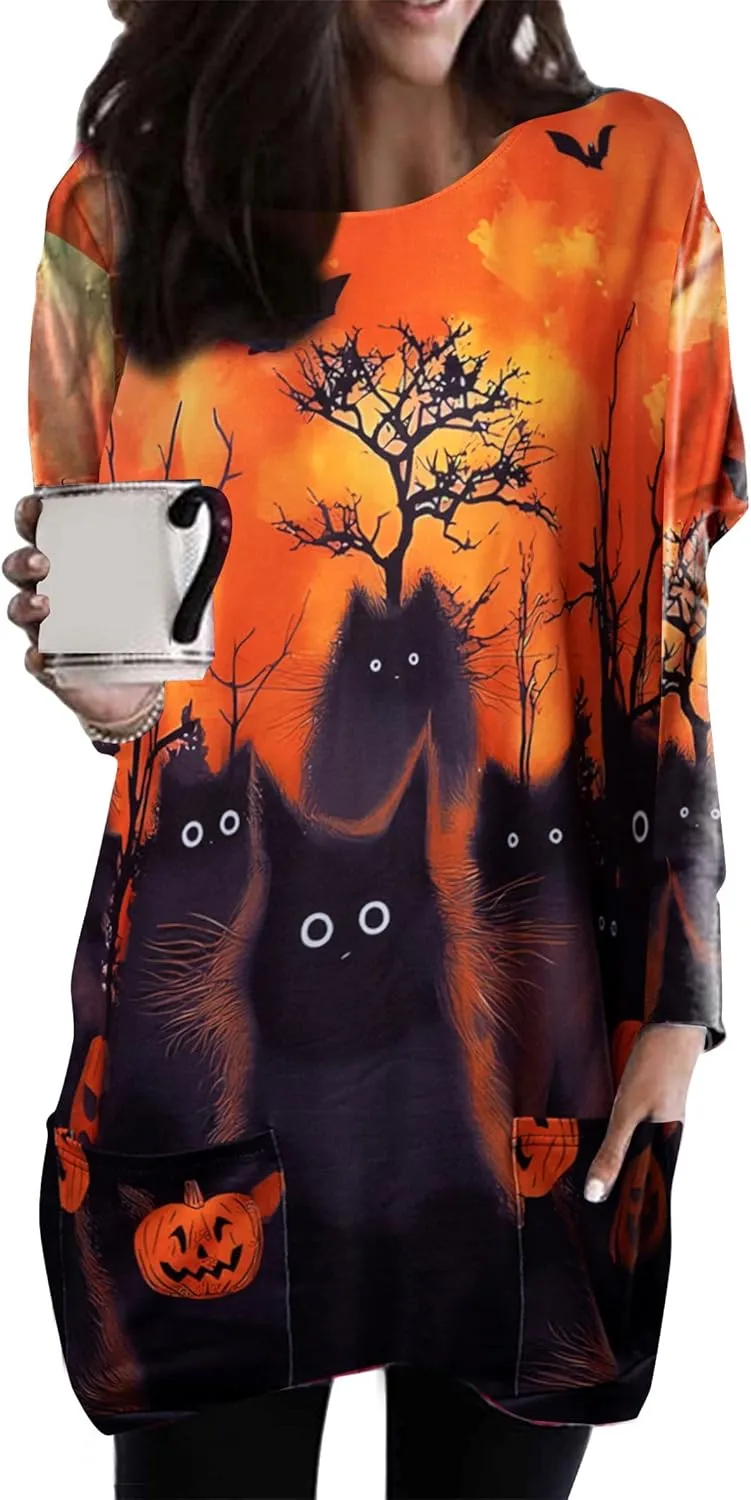 MNLYBABY Women Halloween Sweatshirt Funny Grimace Graphic Print Long Sleeve Shirt Pullover Dress Fall Tops