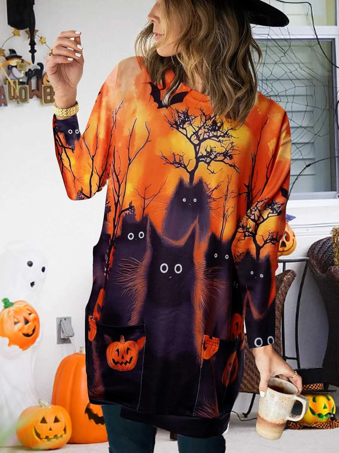 MNLYBABY Women Halloween Sweatshirt Funny Grimace Graphic Print Long Sleeve Shirt Pullover Dress Fall Tops