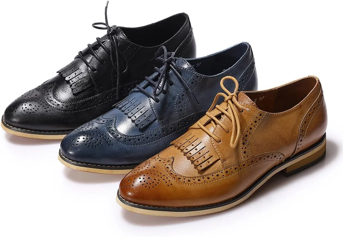 Mona flying Women's Handcrafted Wingtip Oxfords Brogue Vintage Lace up Leather Shoes for Ladies