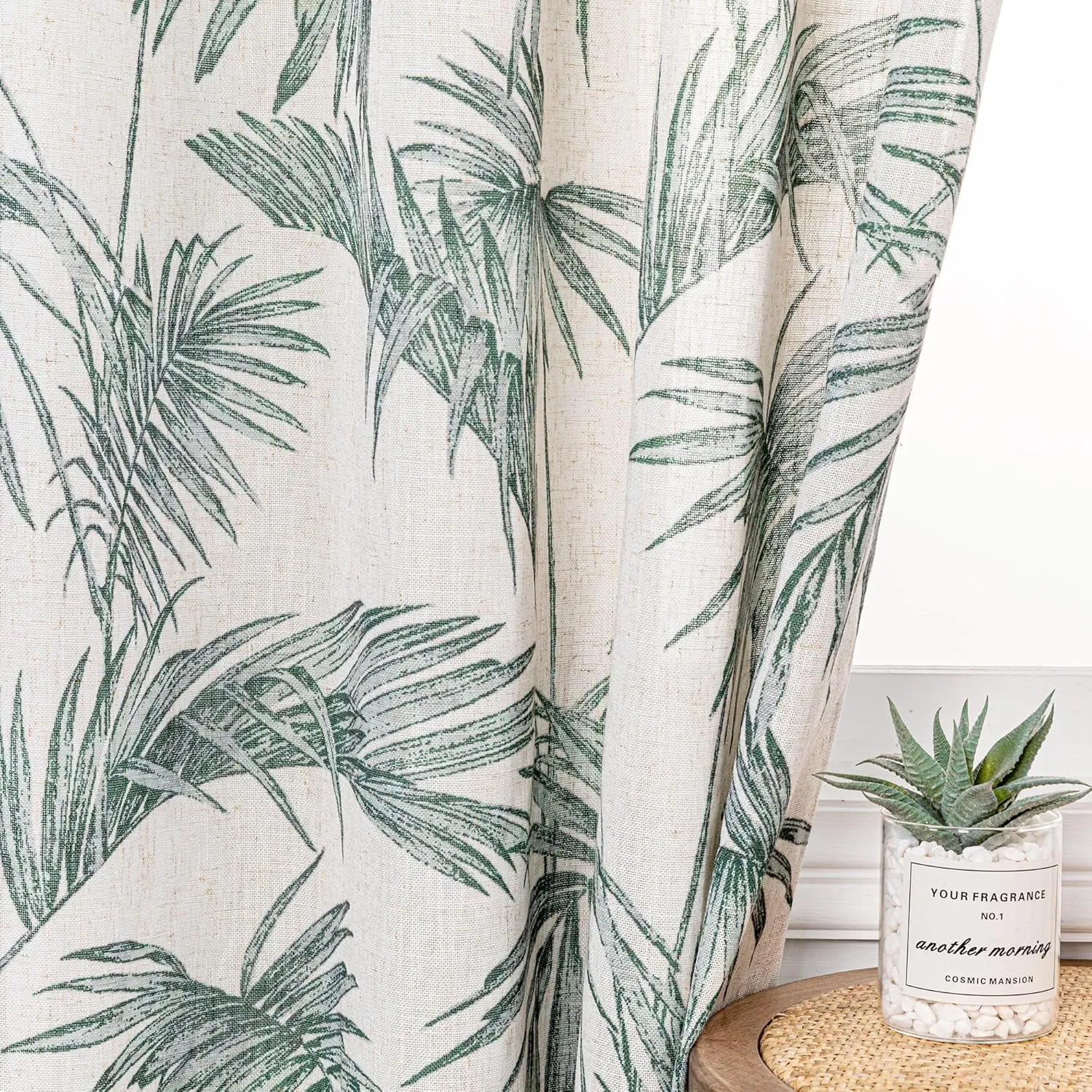 MYSKY HOME Linen Curtains for Living Room 84 inch Length 2 Panels Set Decor Semi Sheer Curtains Green Tropical Palm Leaves Plant Pattern Window Drapes for Bedroom Dining Room Patio, Green, 2 Pcs