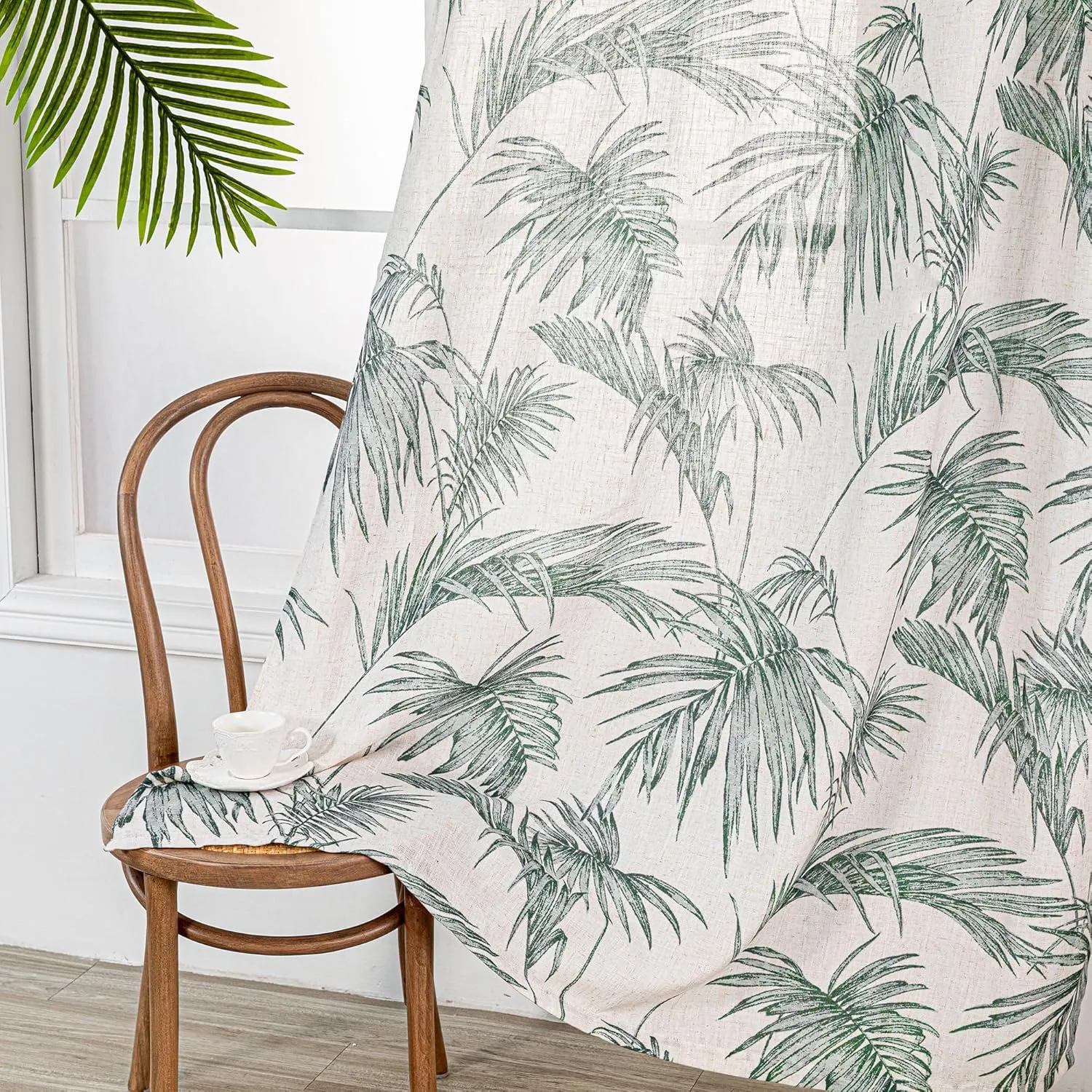 MYSKY HOME Linen Curtains for Living Room 84 inch Length 2 Panels Set Decor Semi Sheer Curtains Green Tropical Palm Leaves Plant Pattern Window Drapes for Bedroom Dining Room Patio, Green, 2 Pcs