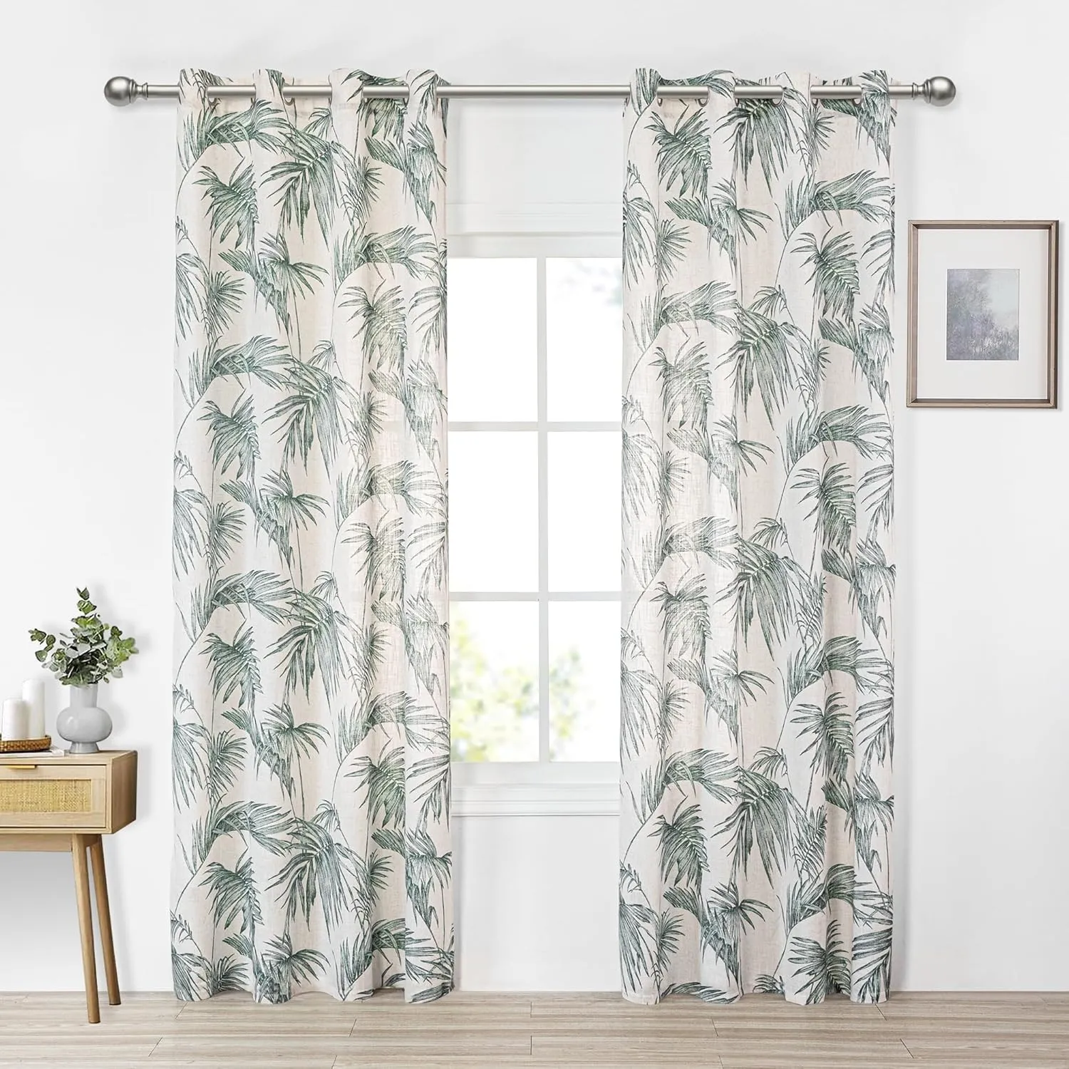 MYSKY HOME Linen Curtains for Living Room 84 inch Length 2 Panels Set Decor Semi Sheer Curtains Green Tropical Palm Leaves Plant Pattern Window Drapes for Bedroom Dining Room Patio, Green, 2 Pcs