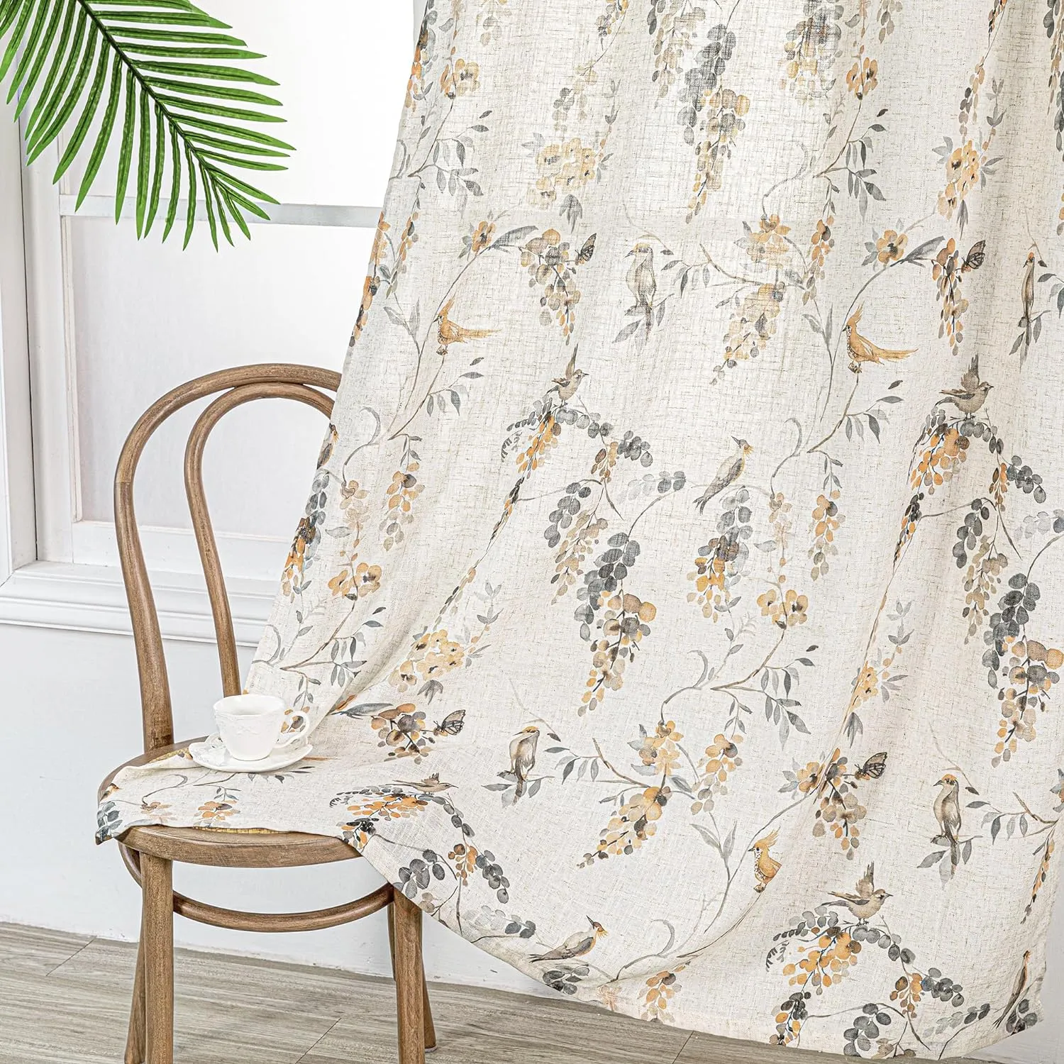 MYSKY HOME Linen Curtains for Living Room 84 inch Length 2 Panels Set Decor Style Bird Leaves Plant Pattern Semi Sheer Window Drapes for Bedroom Dining Room Patio, Orange, 2 Pcs