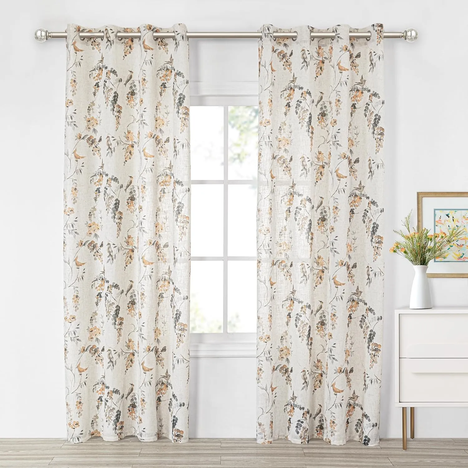 MYSKY HOME Linen Curtains for Living Room 84 inch Length 2 Panels Set Decor Style Bird Leaves Plant Pattern Semi Sheer Window Drapes for Bedroom Dining Room Patio, Orange, 2 Pcs