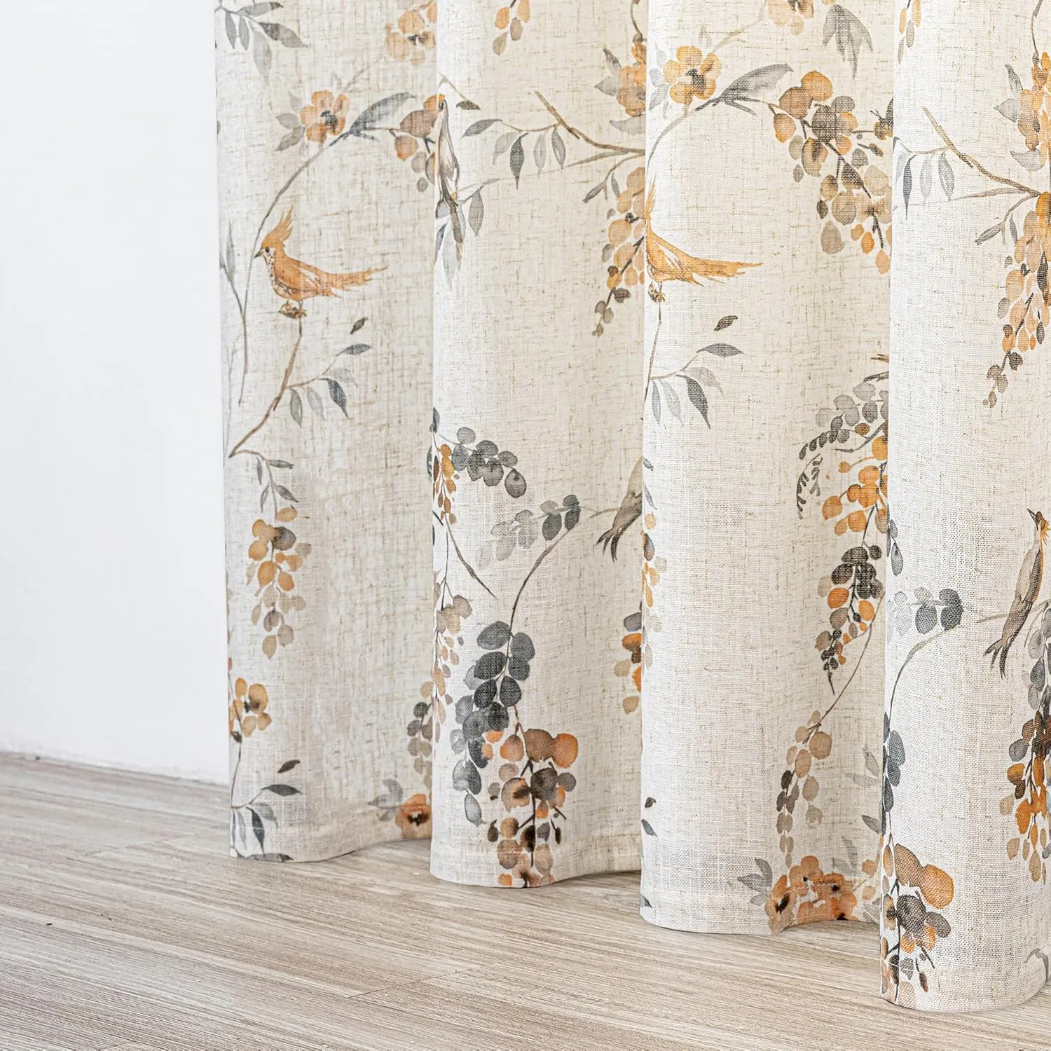 MYSKY HOME Linen Curtains for Living Room 84 inch Length 2 Panels Set Decor Style Bird Leaves Plant Pattern Semi Sheer Window Drapes for Bedroom Dining Room Patio, Orange, 2 Pcs