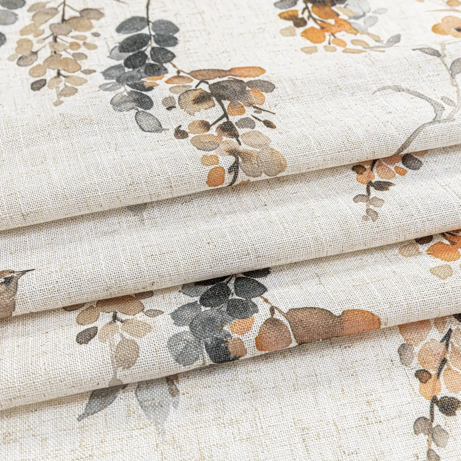 MYSKY HOME Linen Curtains for Living Room 84 inch Length 2 Panels Set Decor Style Bird Leaves Plant Pattern Semi Sheer Window Drapes for Bedroom Dining Room Patio, Orange, 2 Pcs