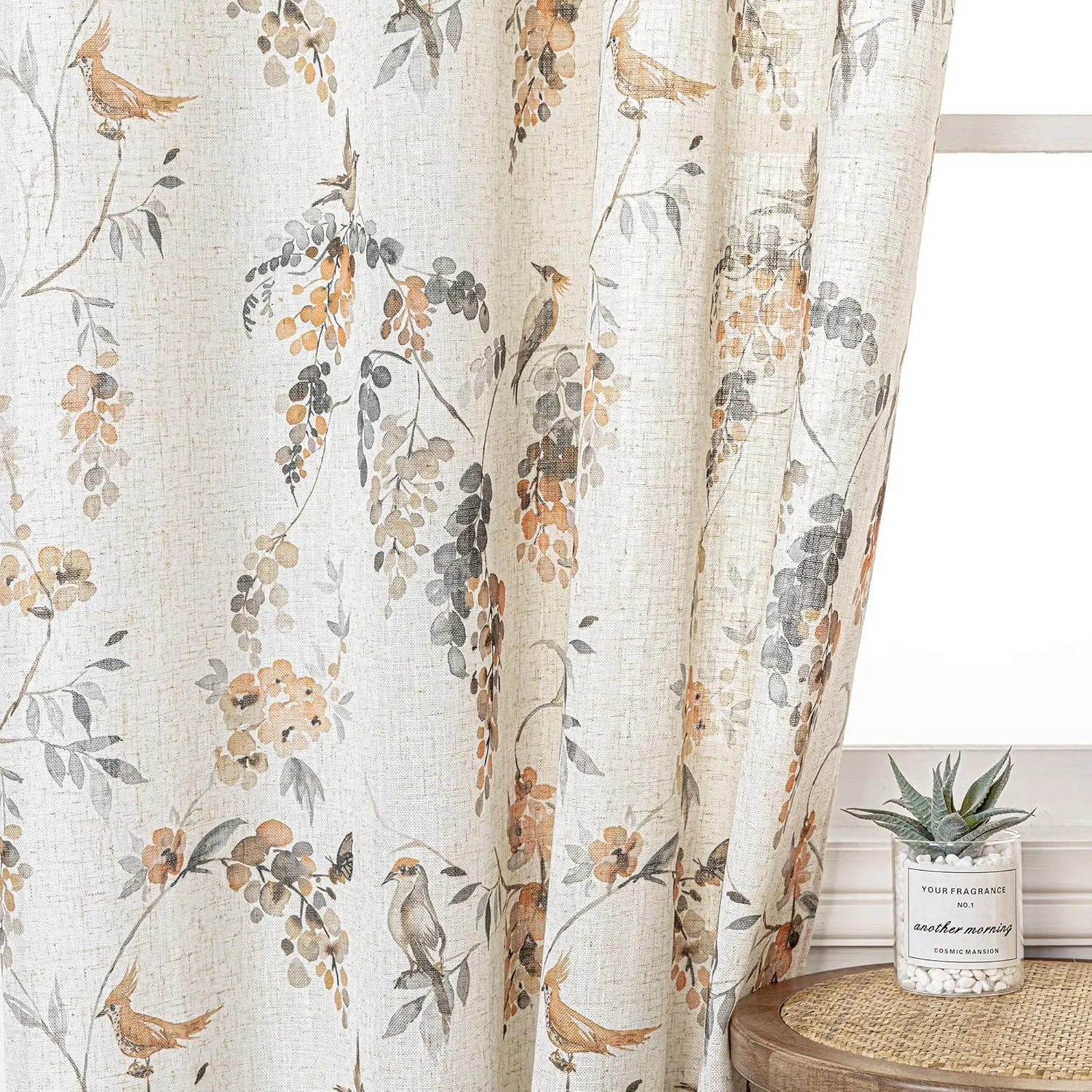MYSKY HOME Linen Curtains for Living Room 84 inch Length 2 Panels Set Decor Style Bird Leaves Plant Pattern Semi Sheer Window Drapes for Bedroom Dining Room Patio, Orange, 2 Pcs