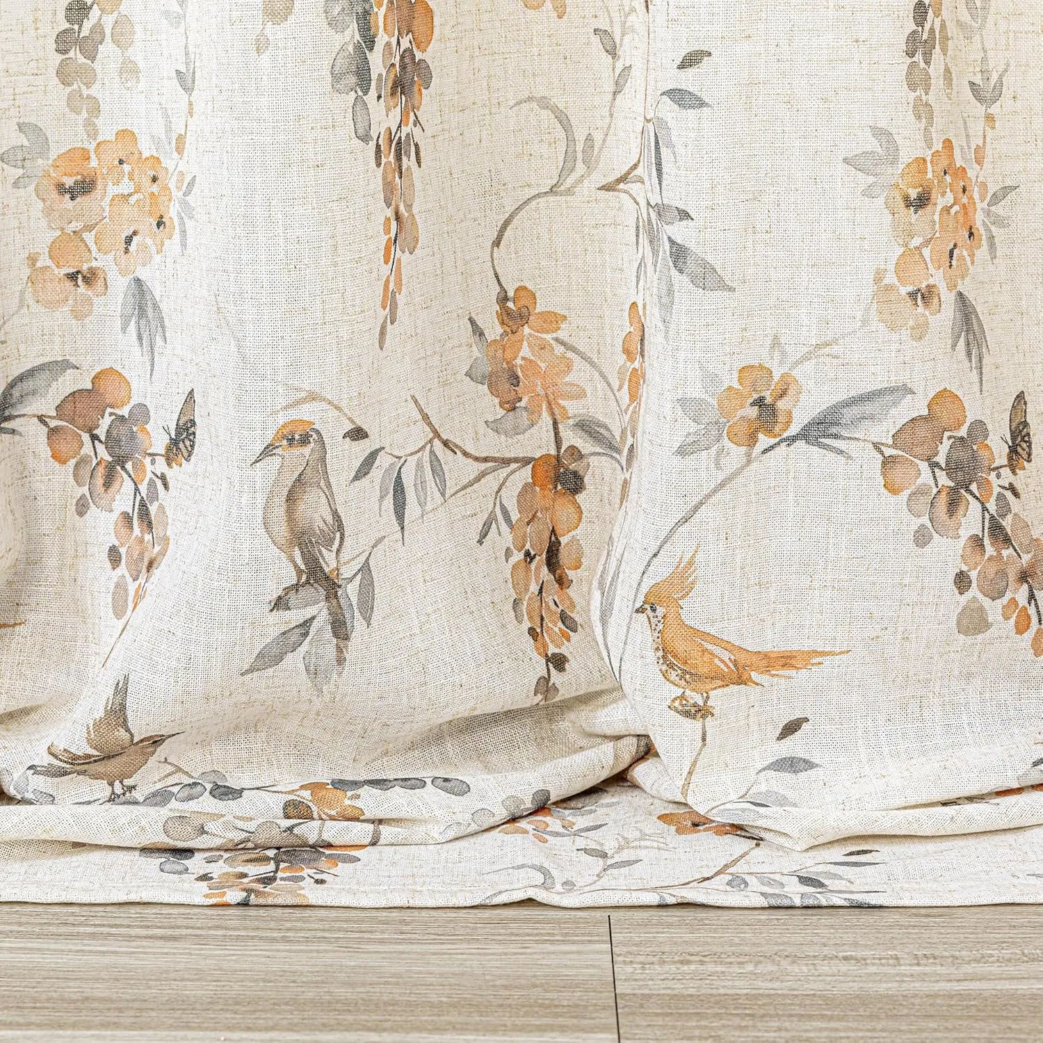 MYSKY HOME Linen Curtains for Living Room 84 inch Length 2 Panels Set Decor Style Bird Leaves Plant Pattern Semi Sheer Window Drapes for Bedroom Dining Room Patio, Orange, 2 Pcs