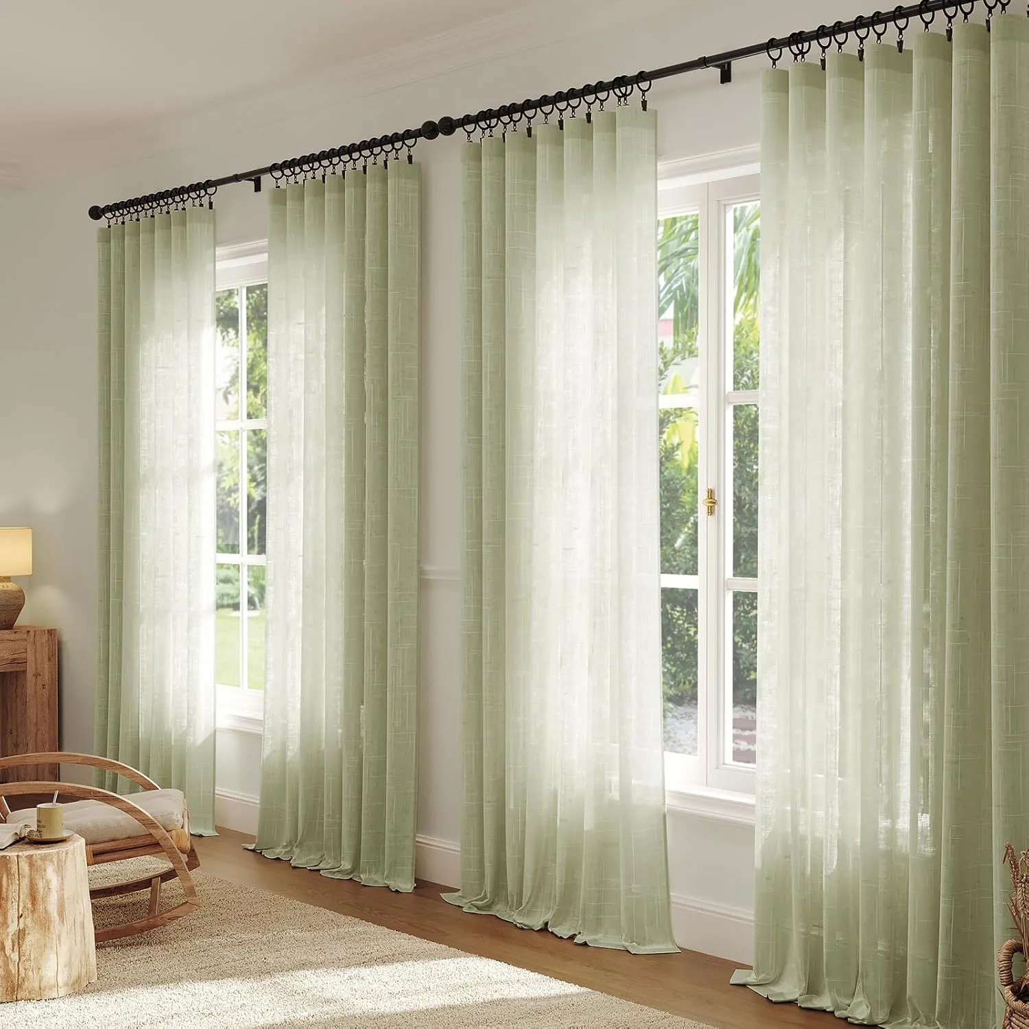 Natural Linen Curtains for Living Room 90 Inch Length 2 Panels Set, Light Filtering Semi Sheer Window Curtain Drapes for Bedroom with Curtain Rings and Clips, 52 Inch Wide Each Panel, Sage
