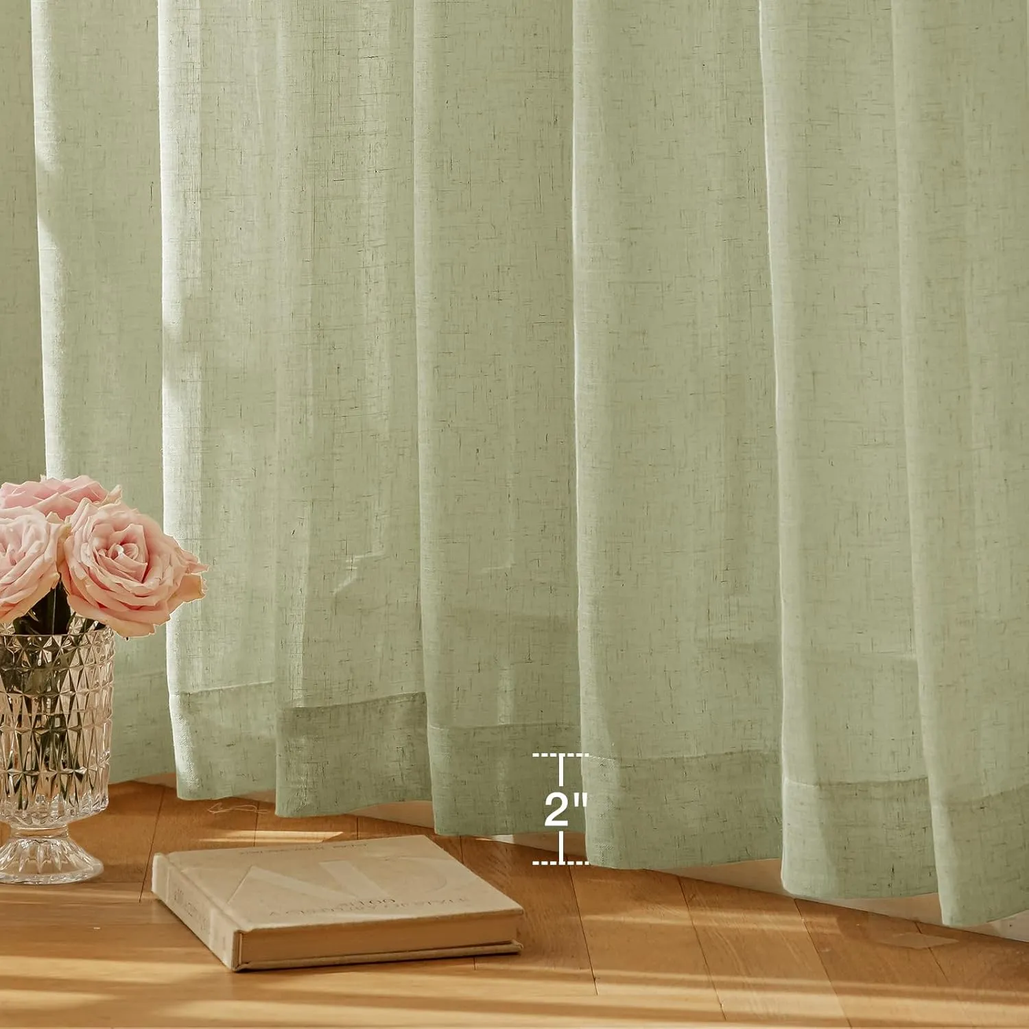 Natural Linen Curtains for Living Room 90 Inch Length 2 Panels Set, Light Filtering Semi Sheer Window Curtain Drapes for Bedroom with Curtain Rings and Clips, 52 Inch Wide Each Panel, Sage