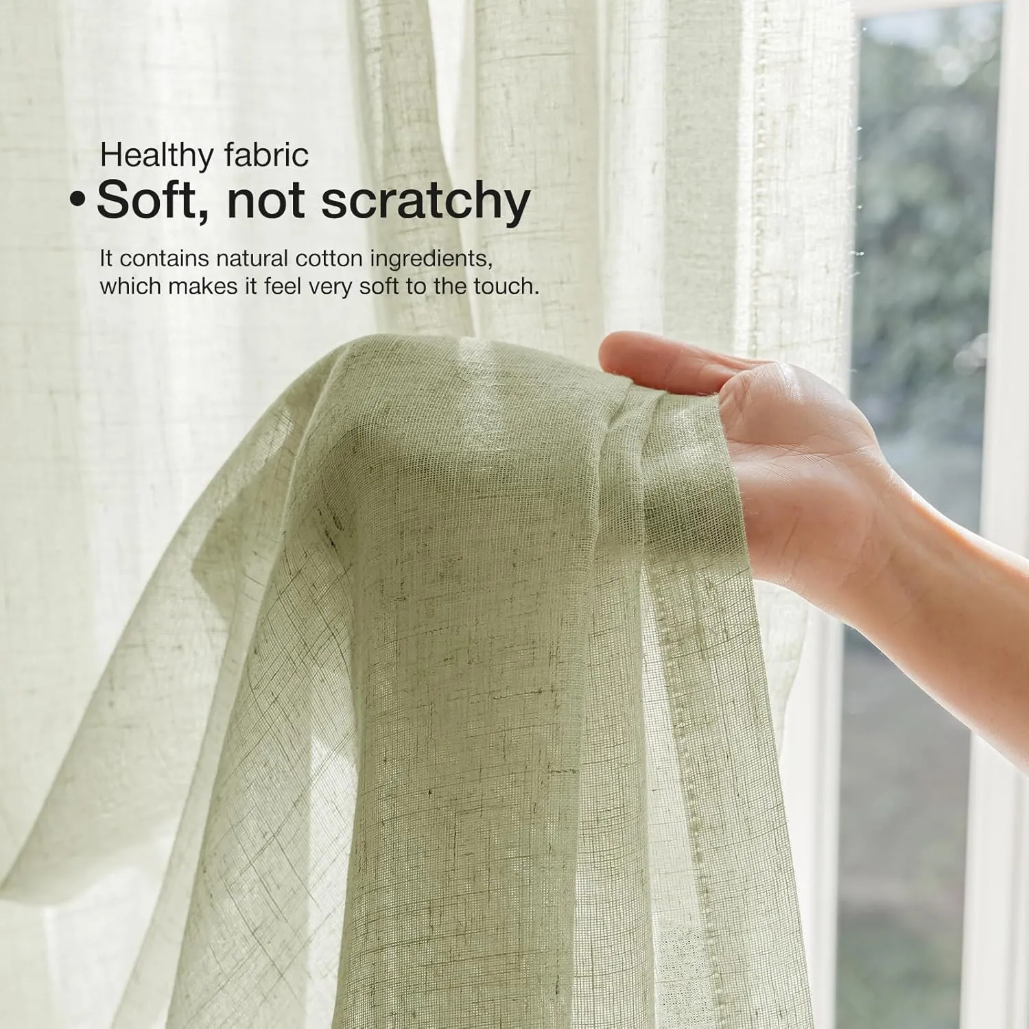 Natural Linen Curtains for Living Room 90 Inch Length 2 Panels Set, Light Filtering Semi Sheer Window Curtain Drapes for Bedroom with Curtain Rings and Clips, 52 Inch Wide Each Panel, Sage