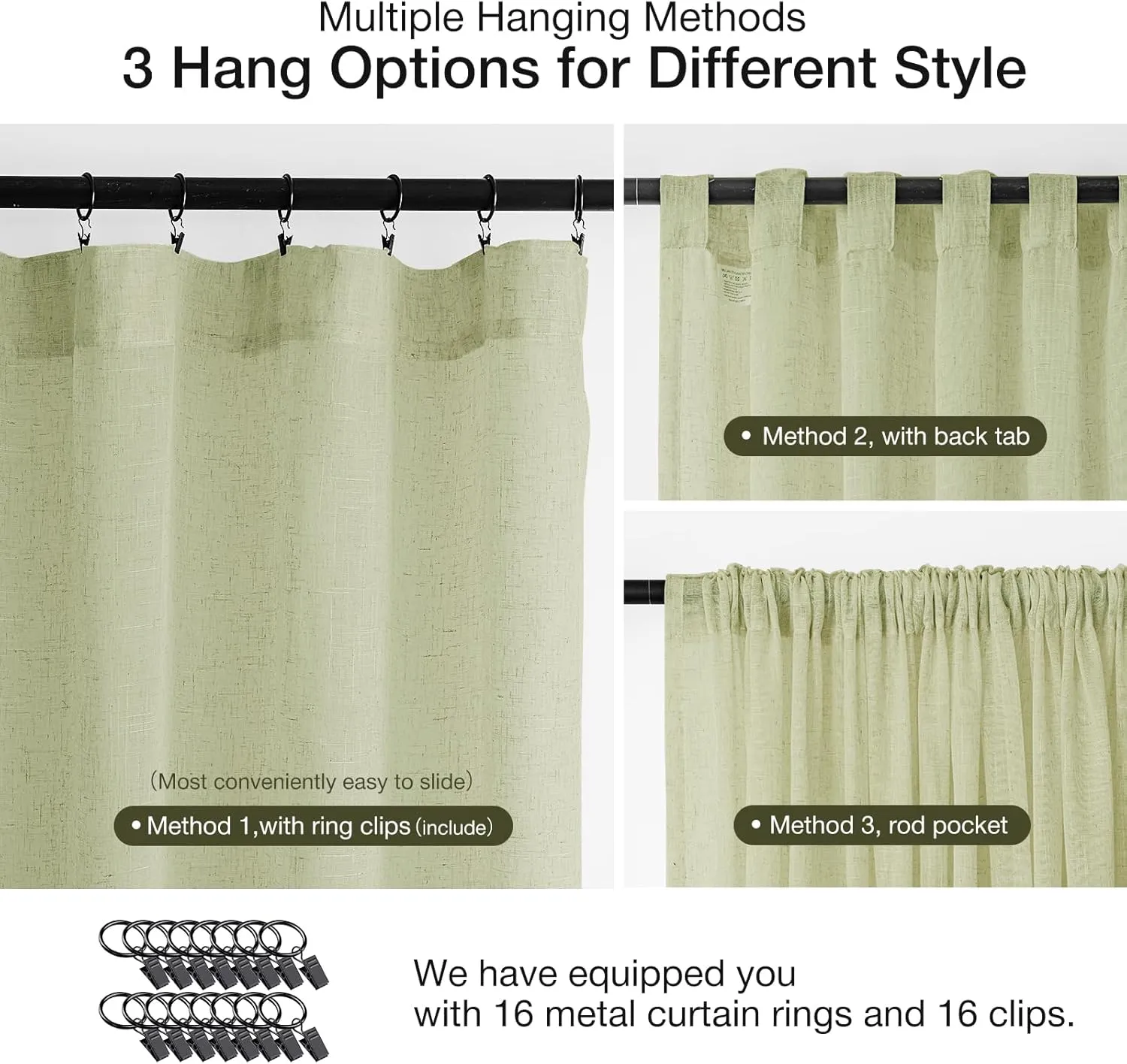 Natural Linen Curtains for Living Room 90 Inch Length 2 Panels Set, Light Filtering Semi Sheer Window Curtain Drapes for Bedroom with Curtain Rings and Clips, 52 Inch Wide Each Panel, Sage