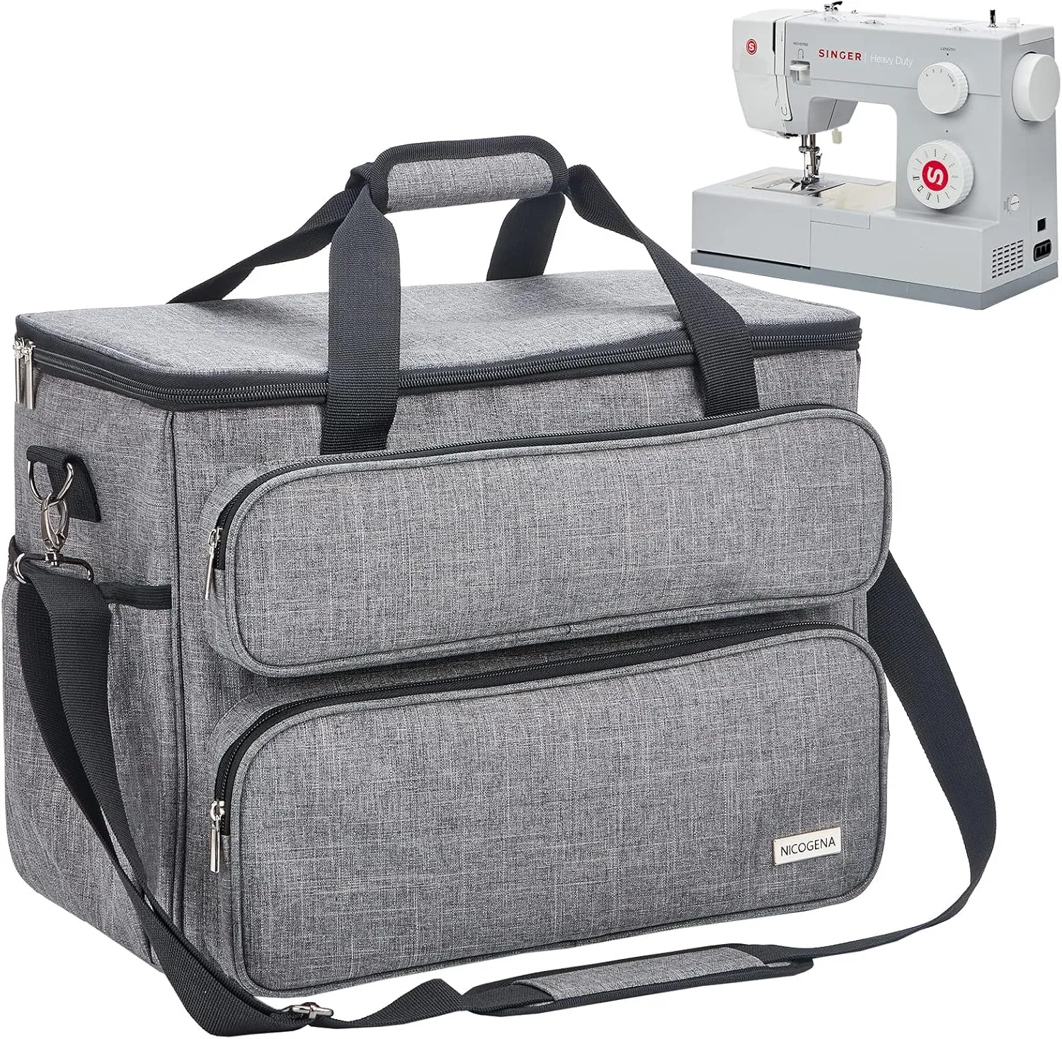 NICOGENA Sewing Machine Carrying Case, Universal Travel Tote Bag with Shoulder Strap for Singer, Brother, Janome and Accessories, Grey