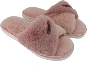 ofoot Women's Memory Foam Two-tone Crossed Twisted Strap Open Toe Slides | Breathable, Soft and Comfortable Faux Fur | Lightweight & Slip-resistant Flat Outsole