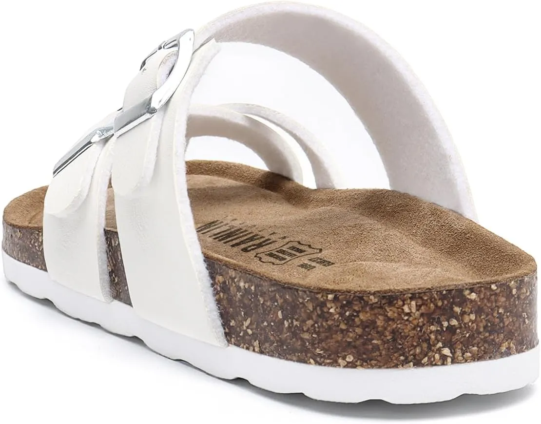 Rainlin Women's Cork Footbed Sandals Comfortable Adjustable Buckle Flat Thong Slide Sandals with Arch Support