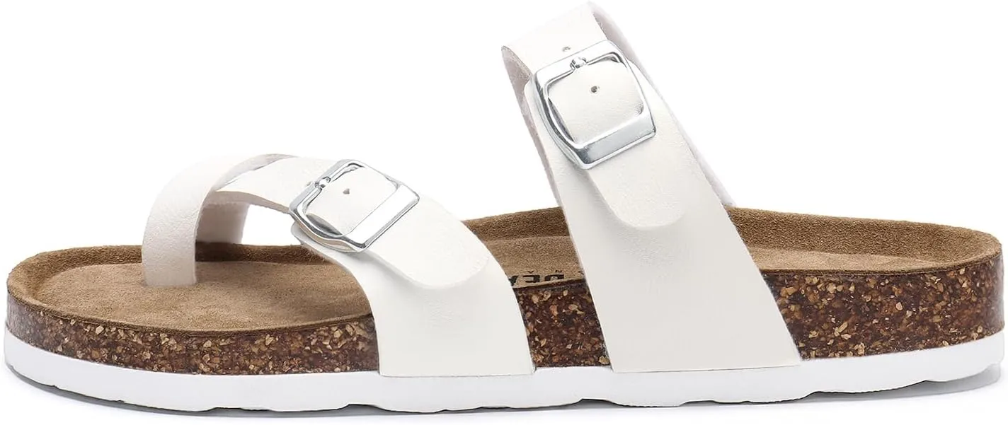 Rainlin Women's Cork Footbed Sandals Comfortable Adjustable Buckle Flat Thong Slide Sandals with Arch Support