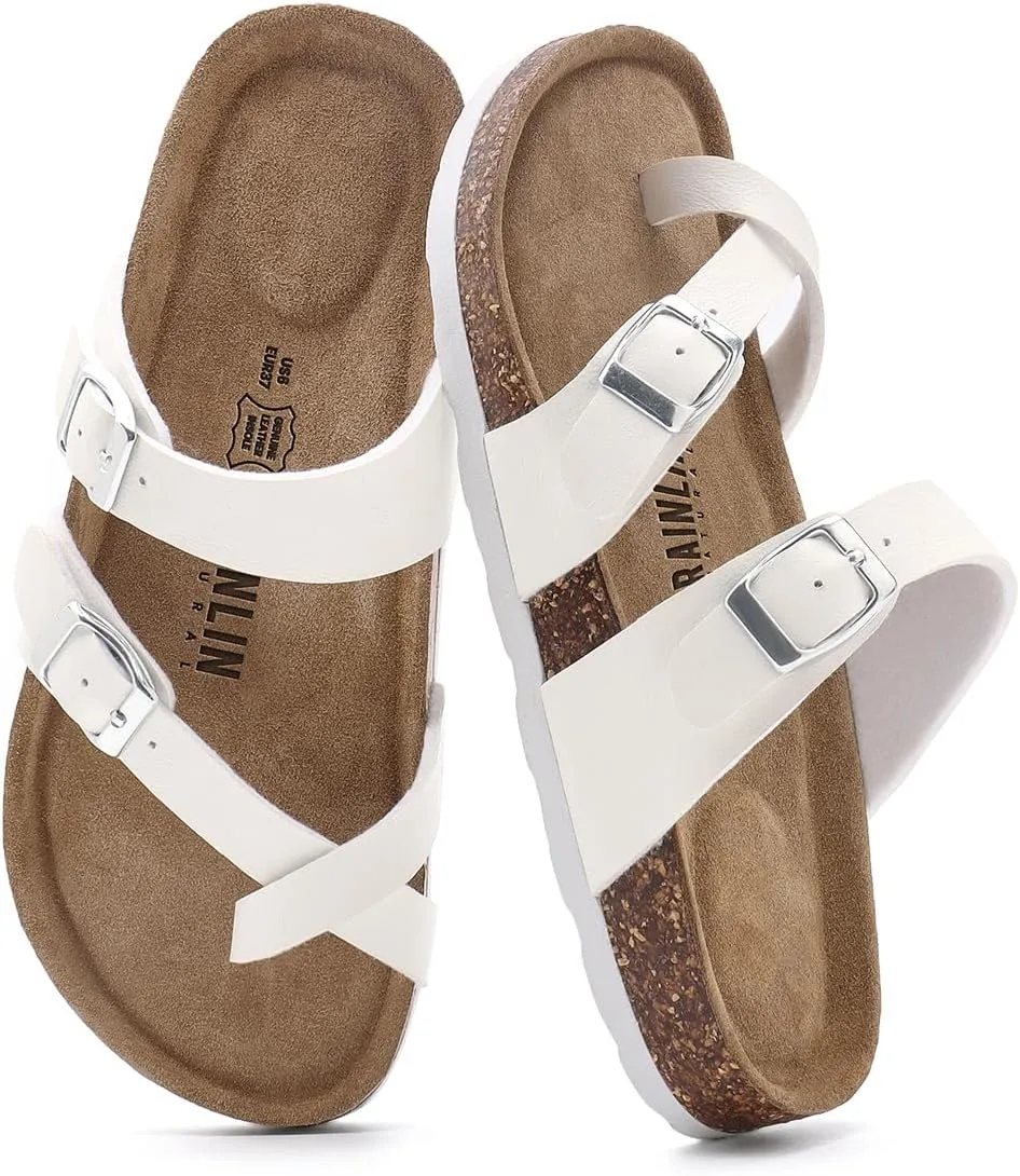 Rainlin Women's Cork Footbed Sandals Comfortable Adjustable Buckle Flat Thong Slide Sandals with Arch Support