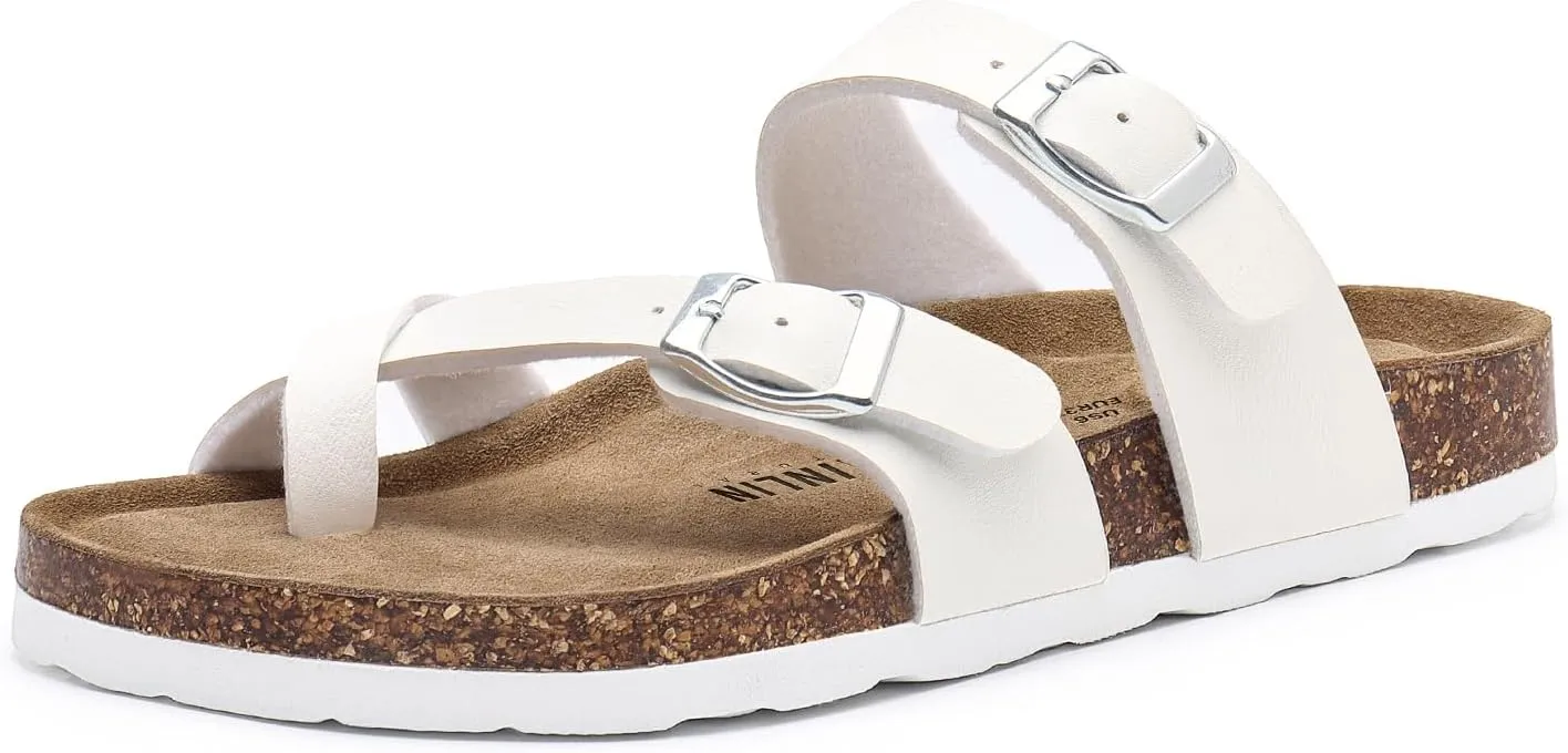 Rainlin Women's Cork Footbed Sandals Comfortable Adjustable Buckle Flat Thong Slide Sandals with Arch Support