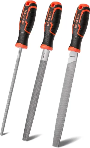 REALTEK 3-Piece Metal File Set, 12-inch Double Sided Steel File Set, Includes Half-Round/Round Files/Flat Files, T12 Carbon Sharpening File, Professional Hand Files for Hard Metal Shaping
