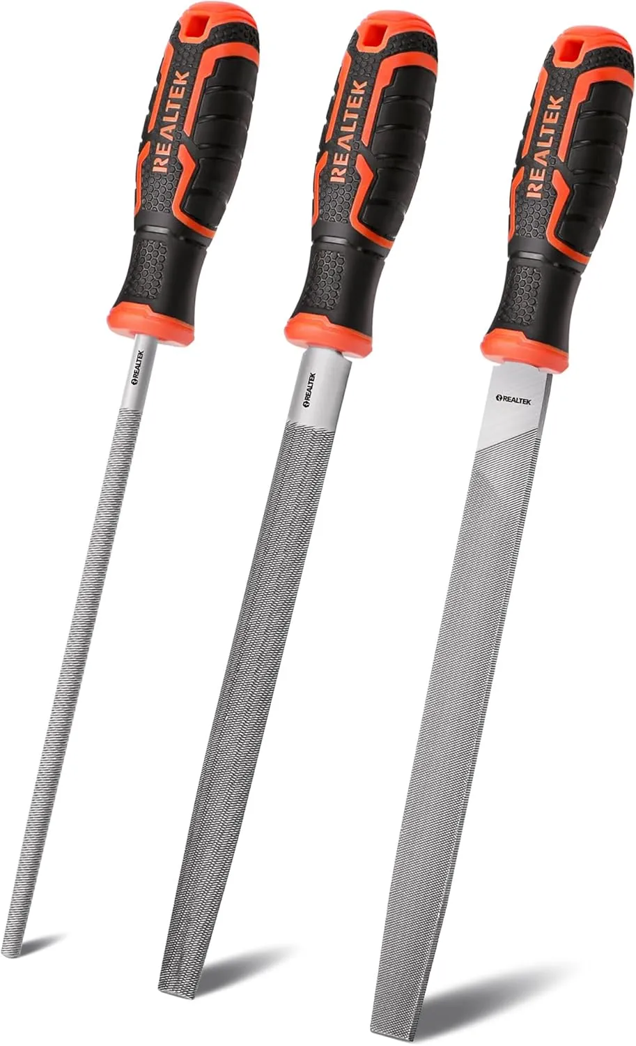 REALTEK 3-Piece Metal File Set, 12-inch Double Sided Steel File Set, Includes Half-Round/Round Files/Flat Files, T12 Carbon Sharpening File, Professional Hand Files for Hard Metal Shaping
