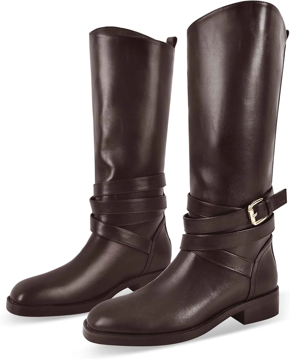 Riding Boots for Women Flat Wide Calf Low Heels Boot Knee High Pointed Toe Buckle Booties