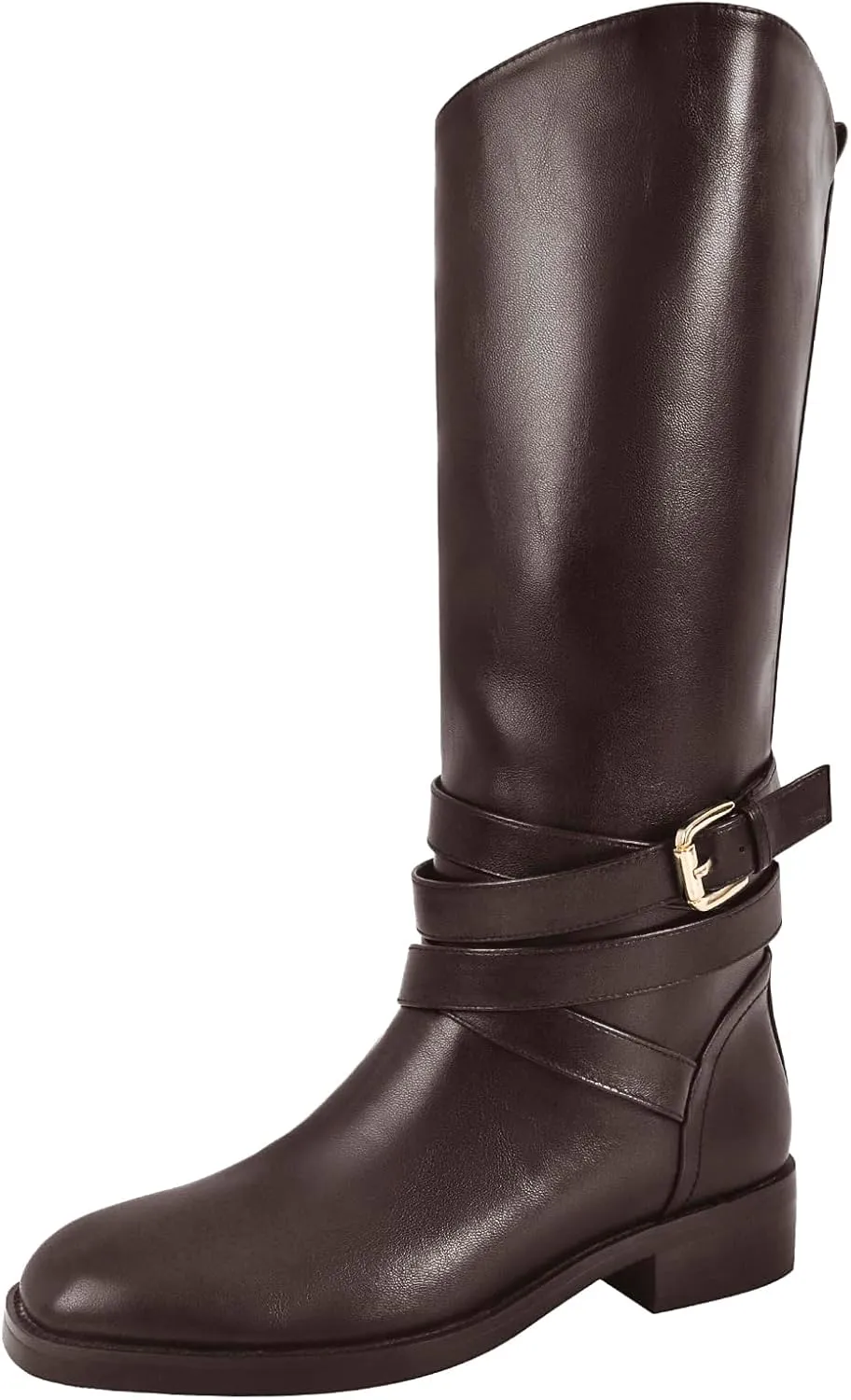 Riding Boots for Women Flat Wide Calf Low Heels Boot Knee High Pointed Toe Buckle Booties